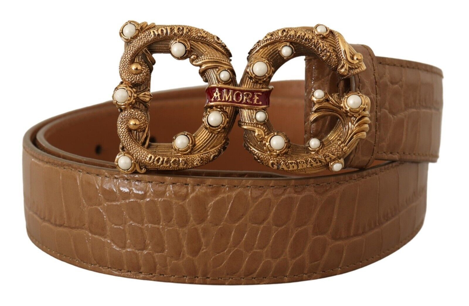 Dolce & Gabbana WoMens Brown Crocodile Pattern Leather Logo Amore Belt - Size 75 cm