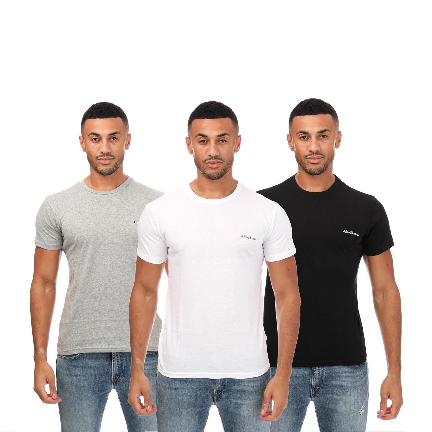 Ben Sherman Mens Otto 3 Pack T Shirt in Black Grey White Cotton - Size Small