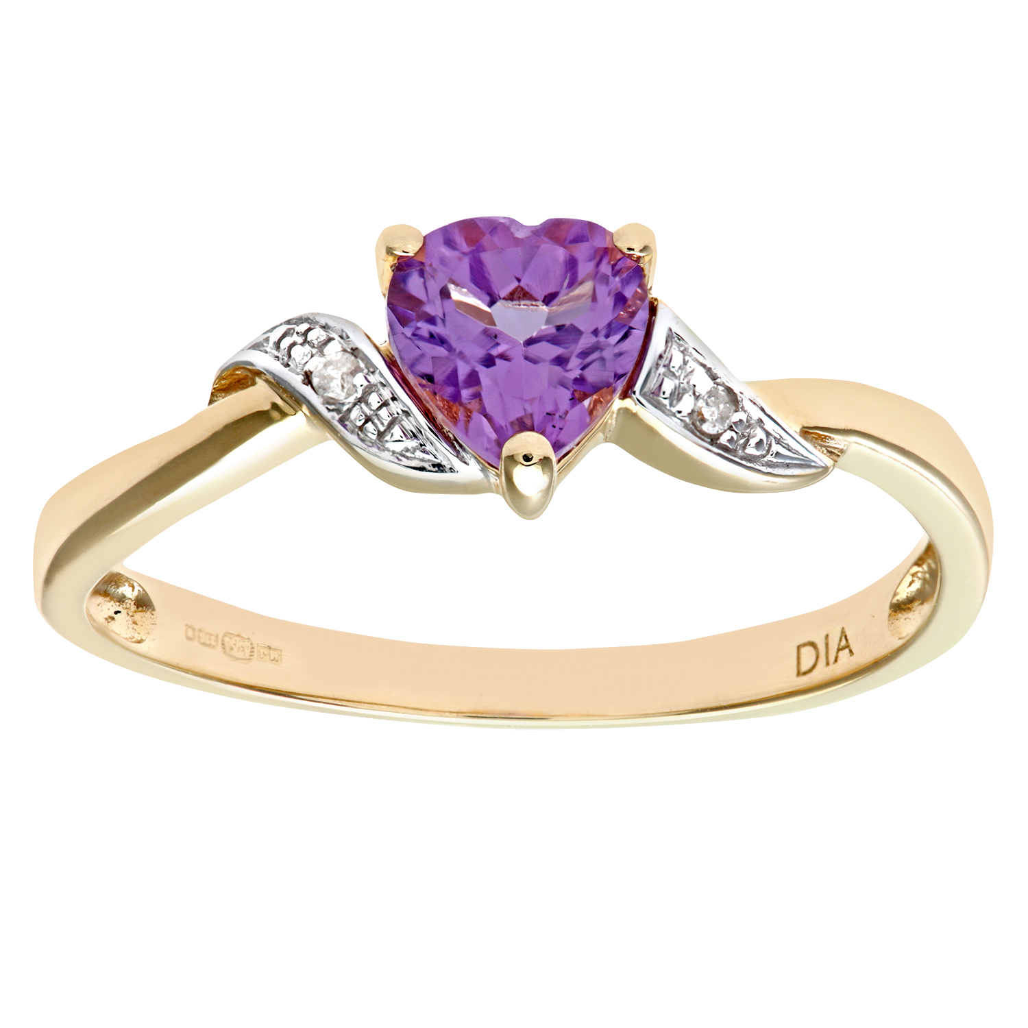 Diamant L'Eternel Womens 9ct Yellow Gold Amethyst And Diamond Heart Ring - Size K