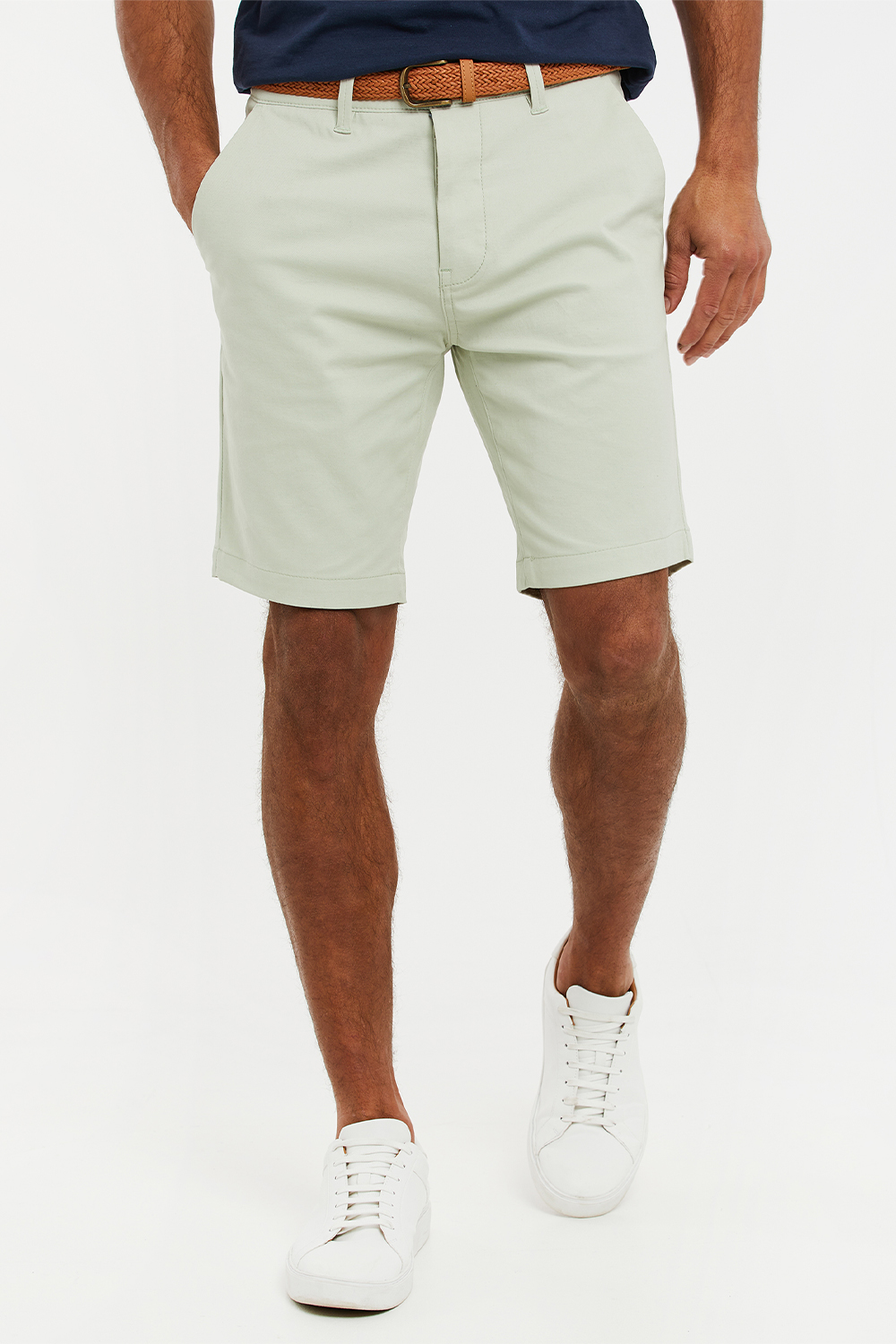 Threadbare Mens Green 'Conta' Cotton Turn-Up Chino Shorts with Woven Belt - Size 30W/32L