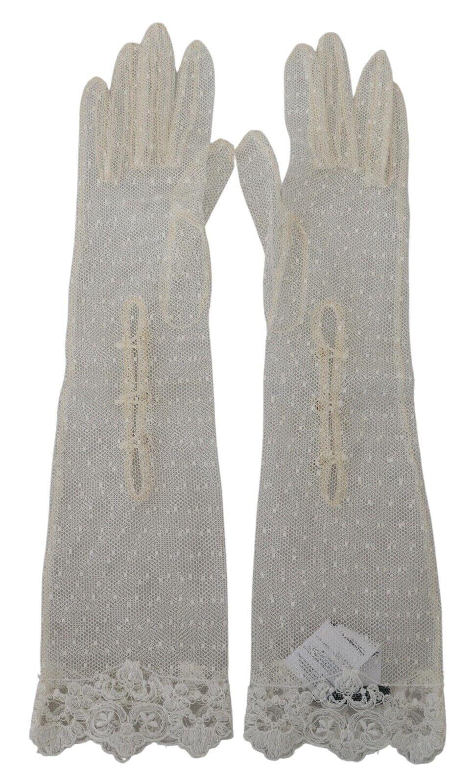 Dolce & Gabbana Womens Elbow Length Gloves with Logo Details - White Cotton - Size 8 (Gloves)