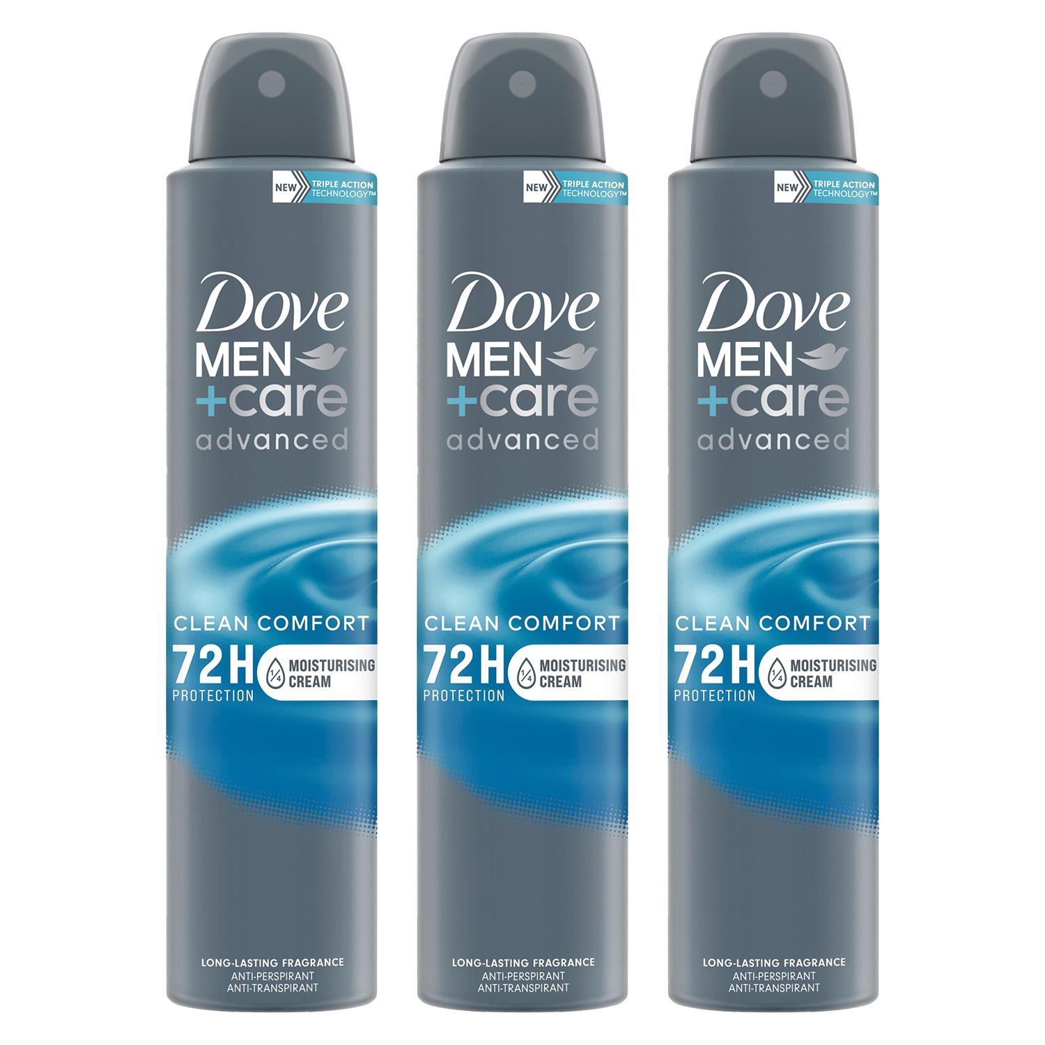 Dove Mens Anti-Perspirant Men+Care Advanced Clean Comfort 72H Protection Deo, 200ml, 3pack - Cream - One Size