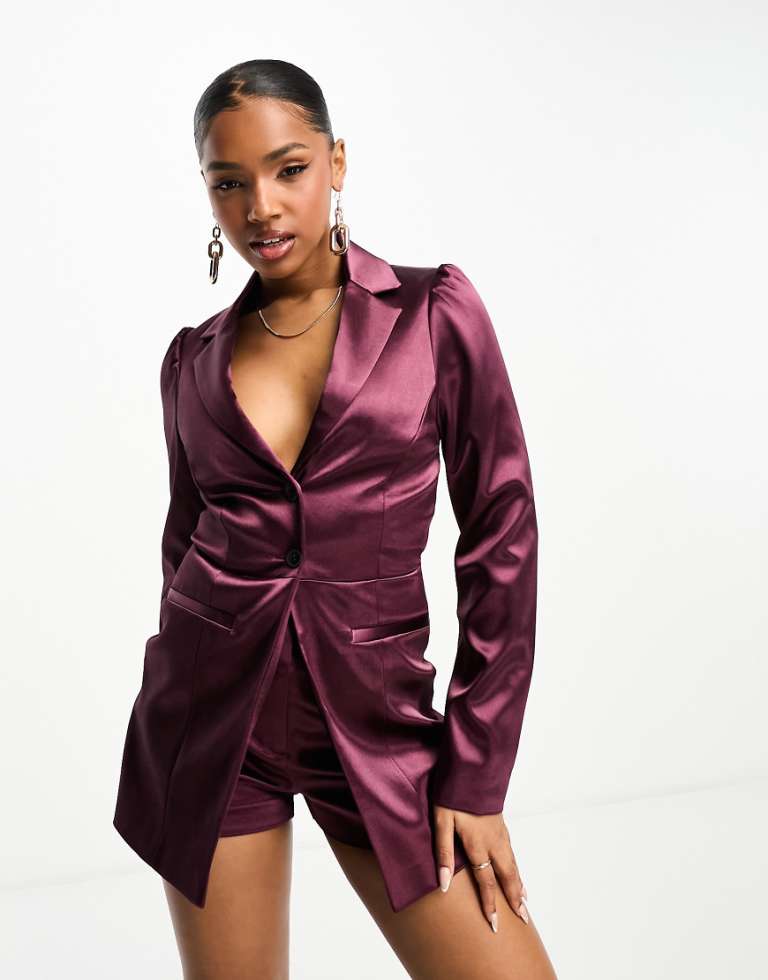 Miss Selfridge Womens Satin Going Out Blazer Playsuit In Cherry Red-Purple - Size 14 Uk