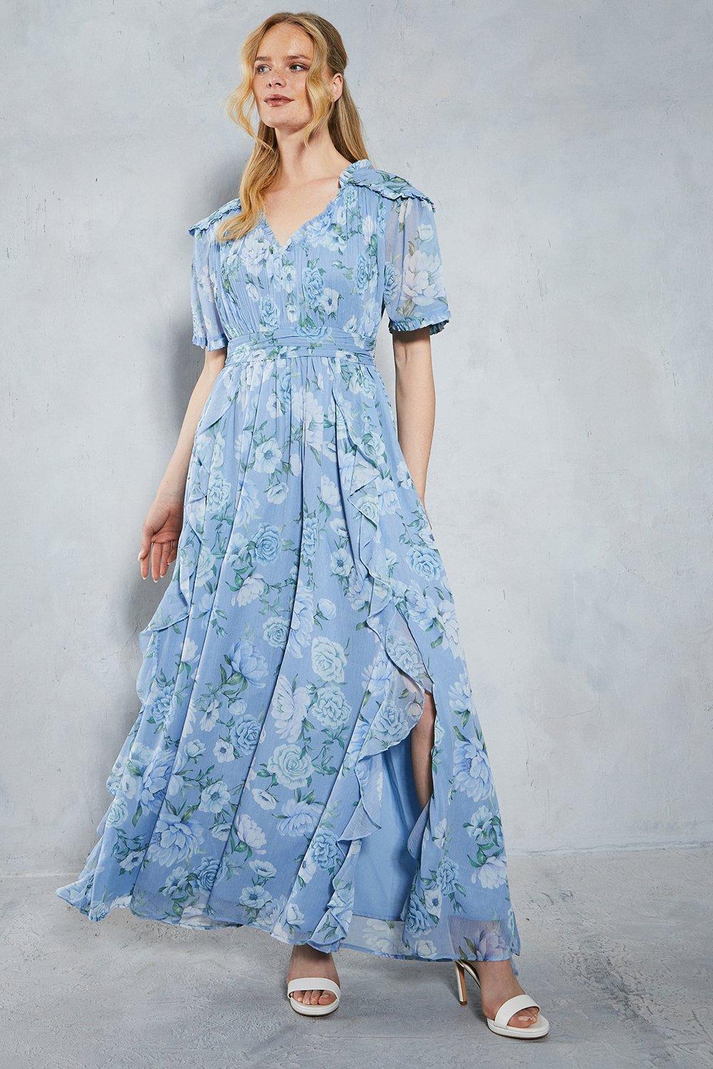 Oasis Womens Soft Floral Ruffle Angel Sleeve Maxi Bridesmaids Dress - Blue - Size 8 UK