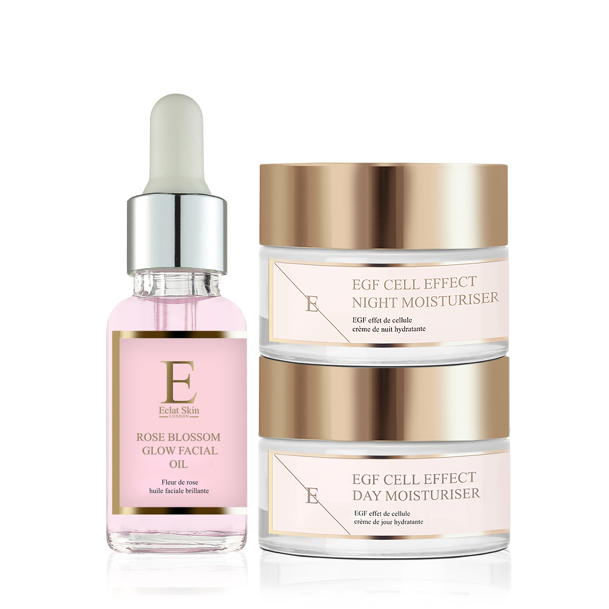 Eclat Skin London Womens EGF Cell Effect Day Moisturiser + EGF Night + Rose Blossom Facial Oil 30ml - One Size