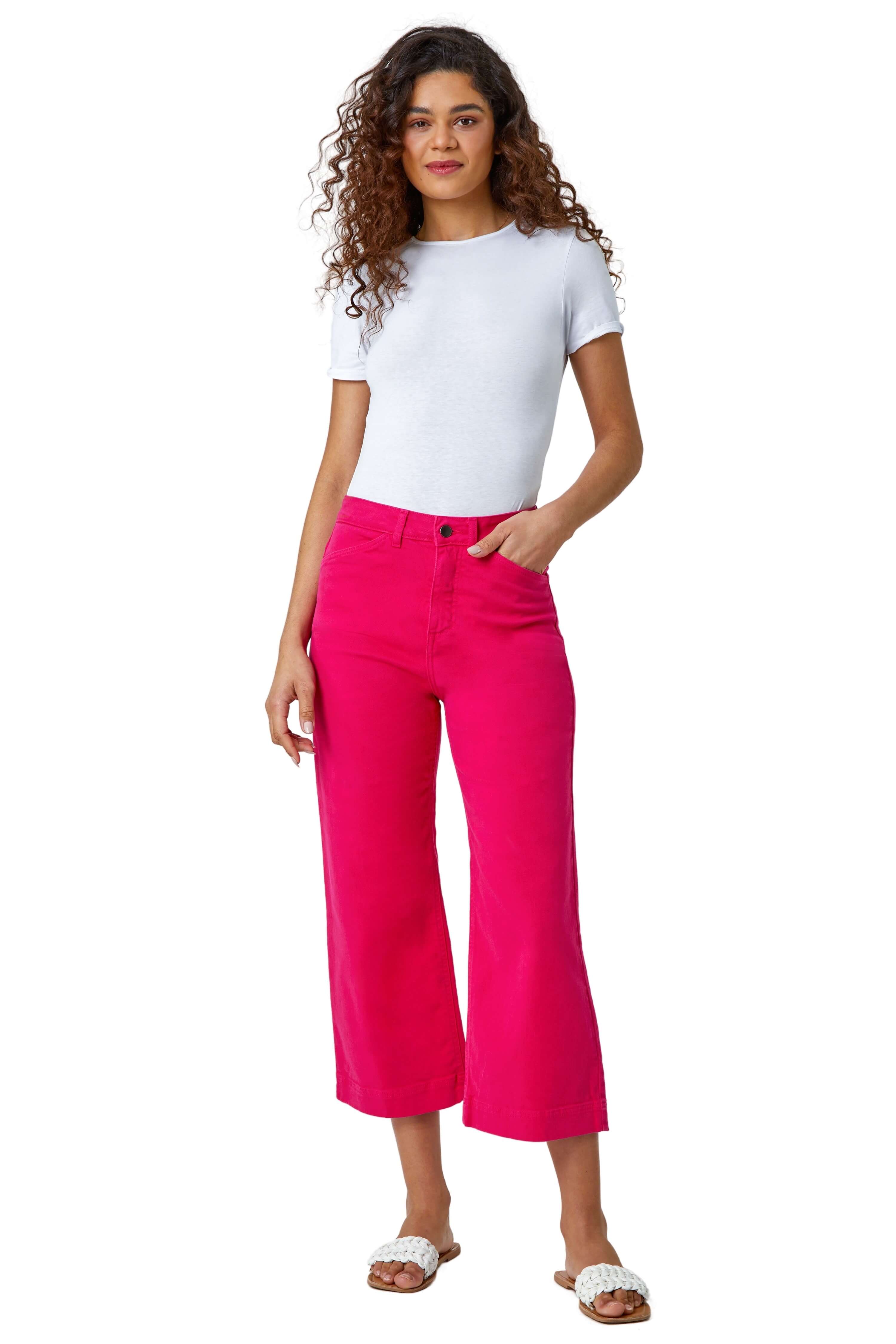 Roman Womens Wide Leg Cotton Jeans Stretch Denim Culottes Cropped Capri Pants - Pink - Size 20 UK