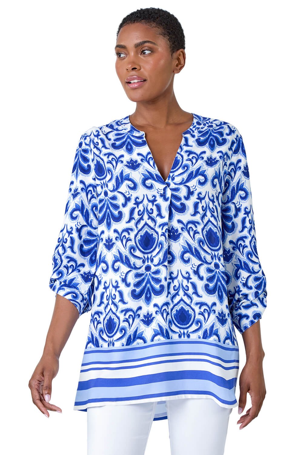 Roman Womens Ornate Border Print Pleated V-Neck Top - Blue - Size 12 UK