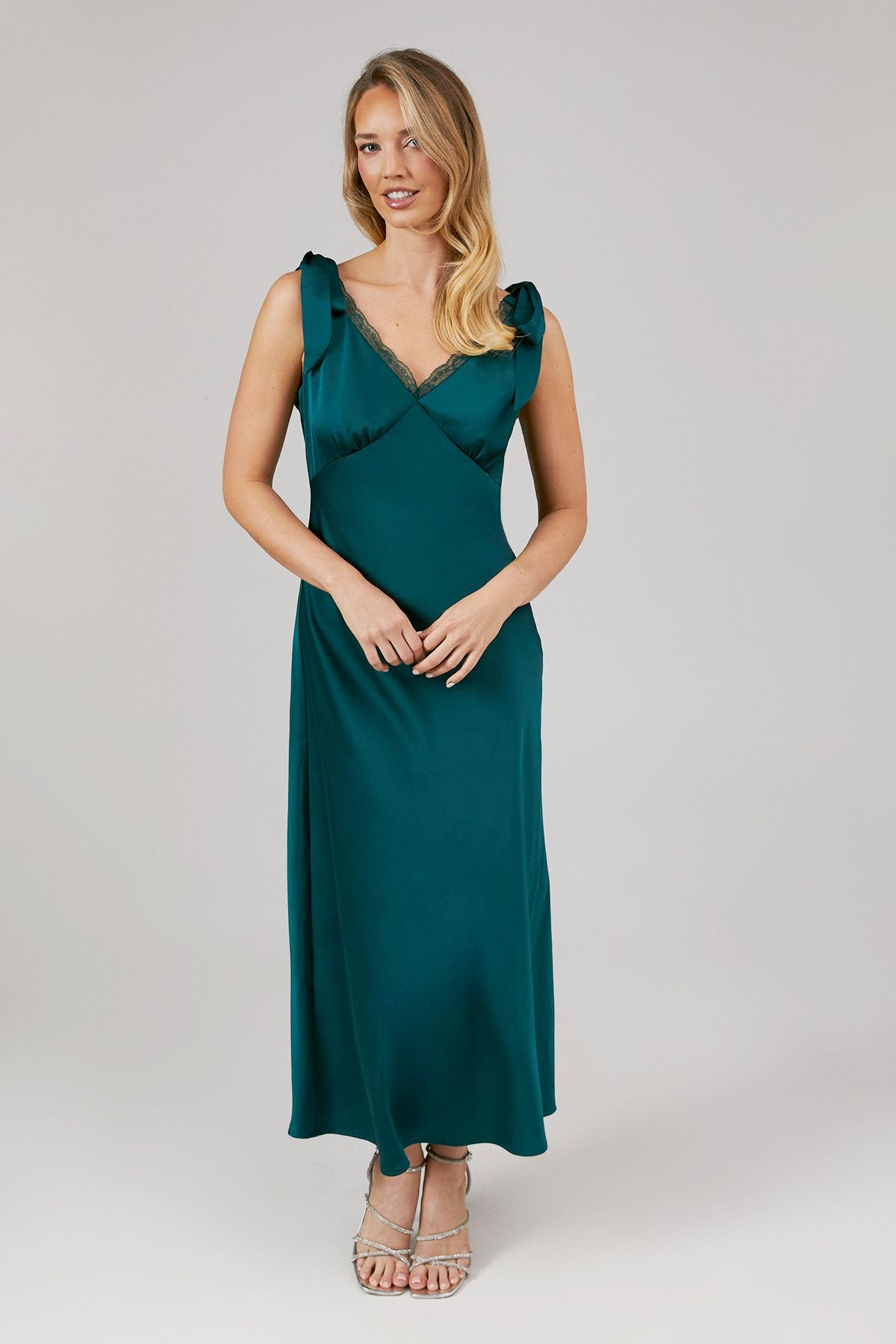 Oasis Womens Satin Lace Insert Tie Shoulder Midi Bridesmaids Dress - Green - Size 10 UK