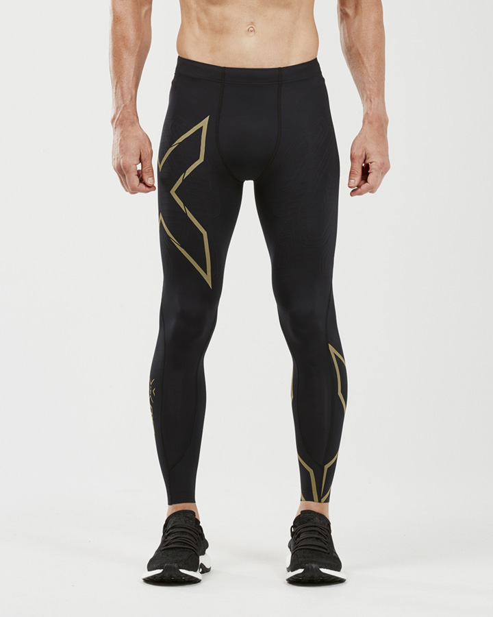 2Xu Mens Light Speed Compression Tights Black/Gold Reflective Nylon - Size X-Large