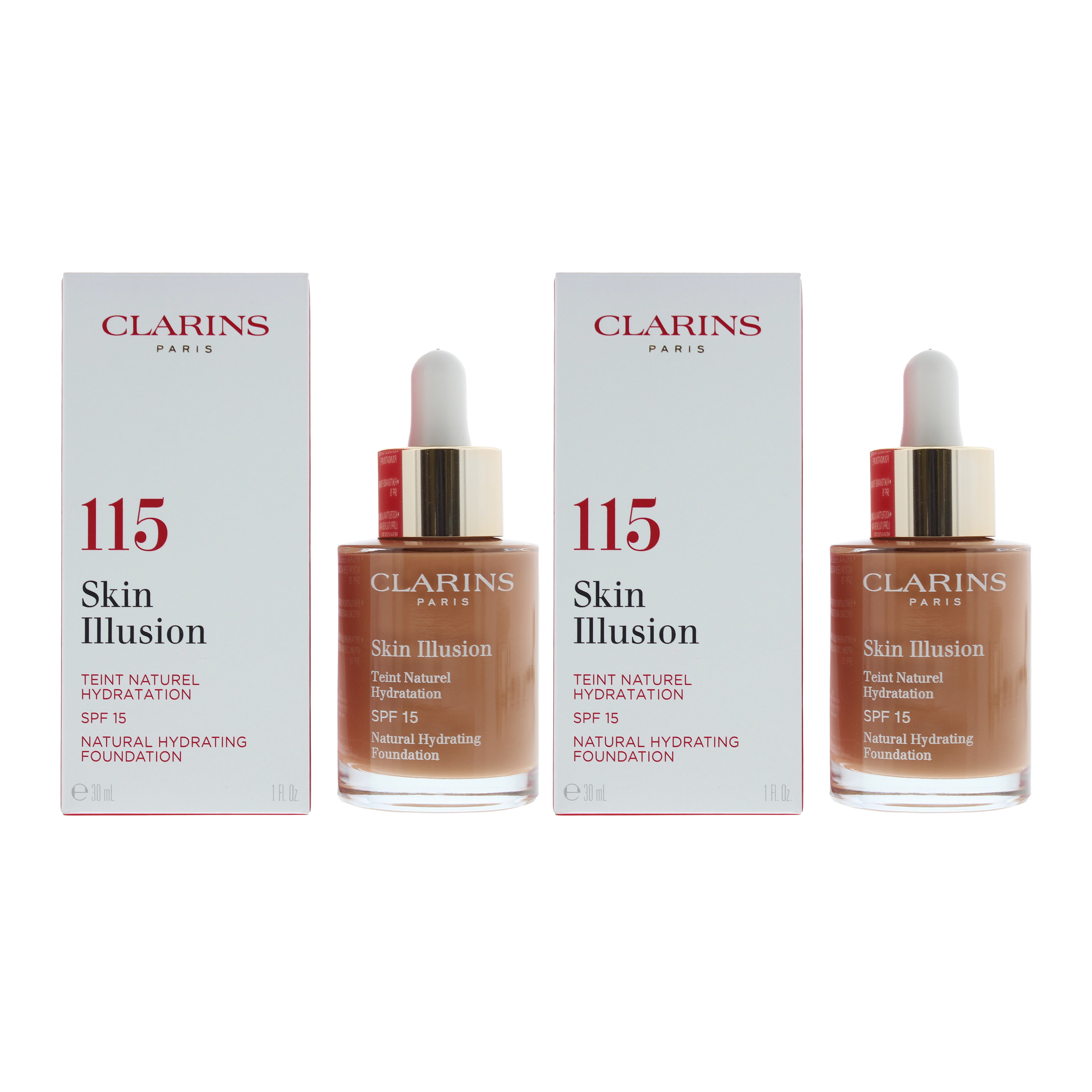 Clarins Womens Skin Illusion Natural Hydrating No.115 Cognac Foundation 30ml SPF 15 x 2 - NA - One Size