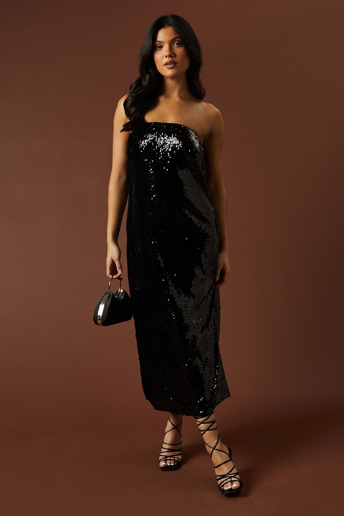 Oasis Womens Occasion Clear Sequin Bandeau Maxi Dress - Black - Size 14 Uk