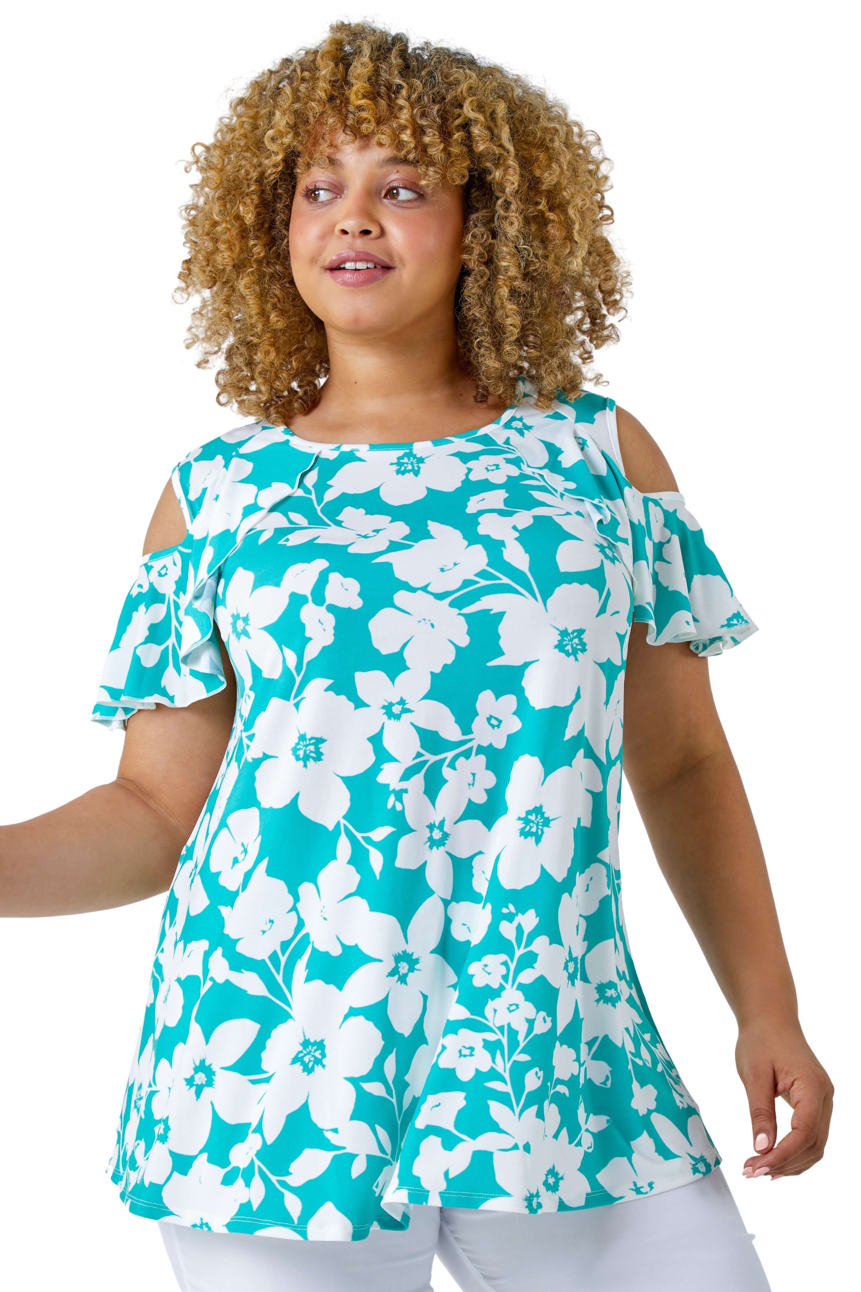 Roman Curve Womens Floral Cold Shoulder Top - Green - Size 20 UK