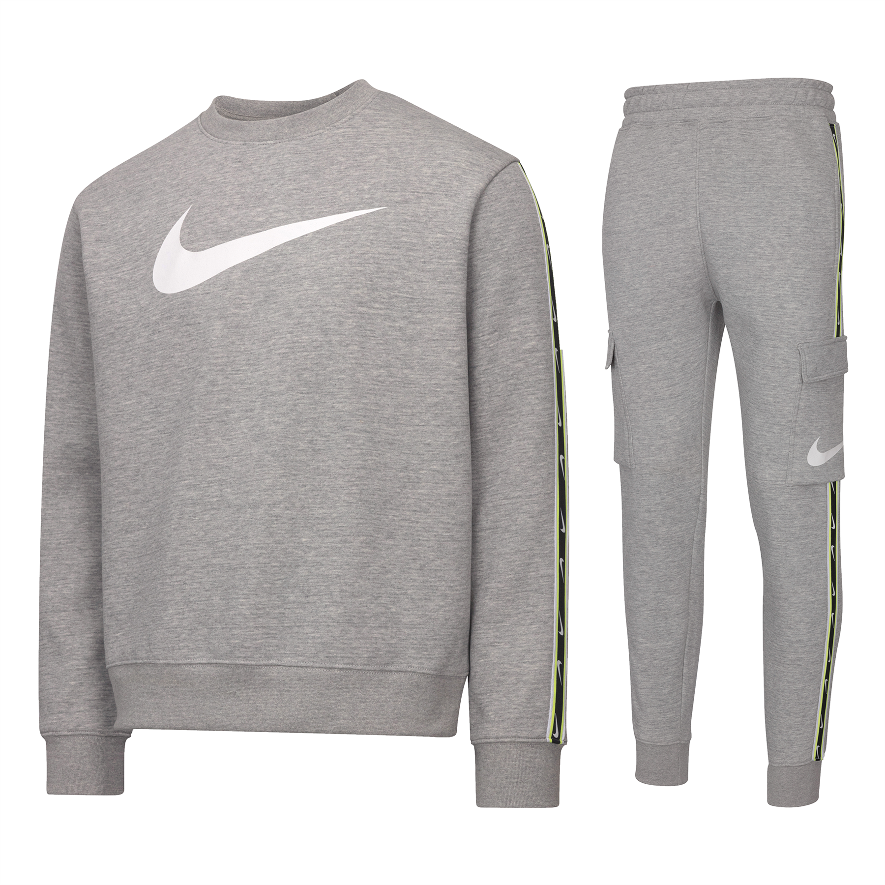 Nike Sportswear Mens Repeat Crew Fleece Tracksuit Dark Grey Heather/White Cotton - Size X-Large