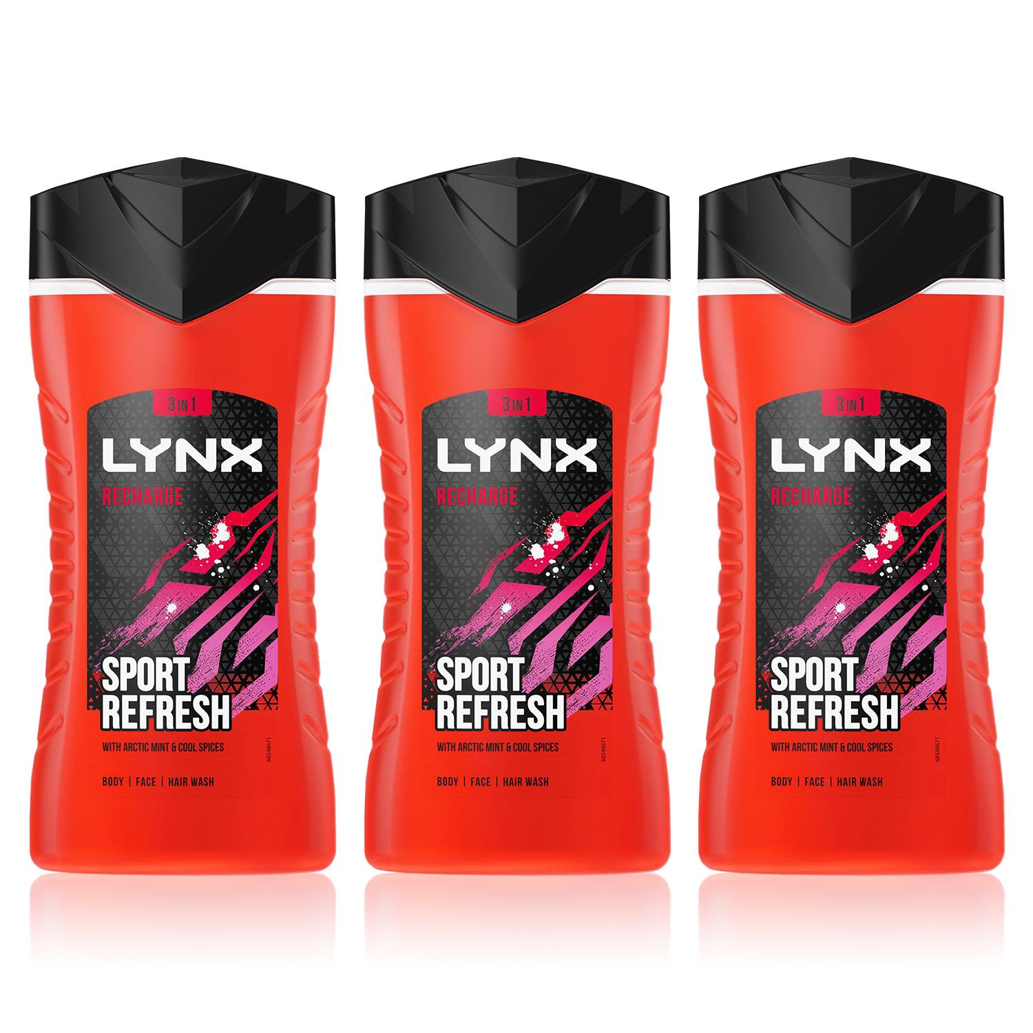 Lynx Mens Recharge 12-H Refreshing Fragrance Shower Gel Body Wash for Men, 3x225ml - NA - One Size