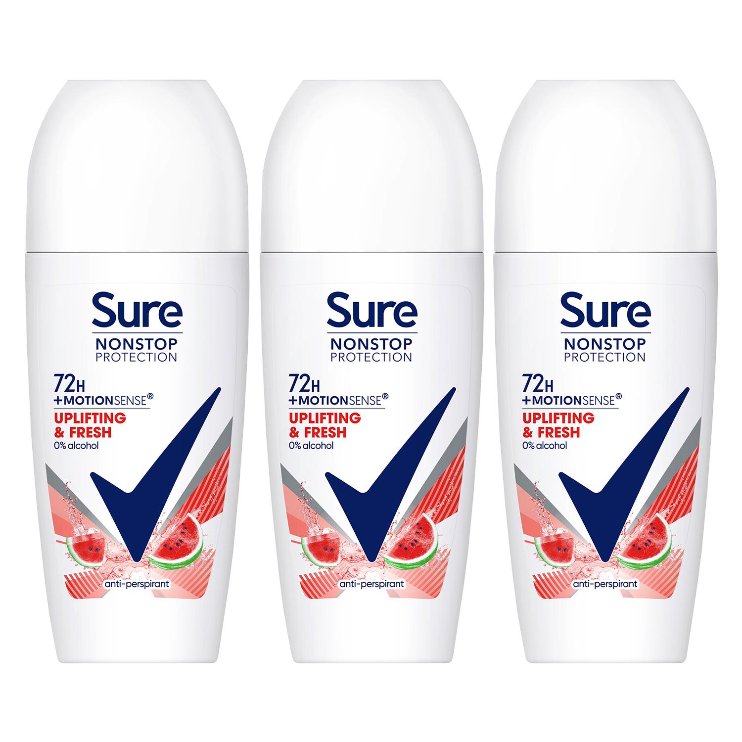 Sure Womens Women Motion Sense AP Deodorant Rollon 72H Nonstop, Uplifting & Fresh 50ml, 3pack - NA - One Size