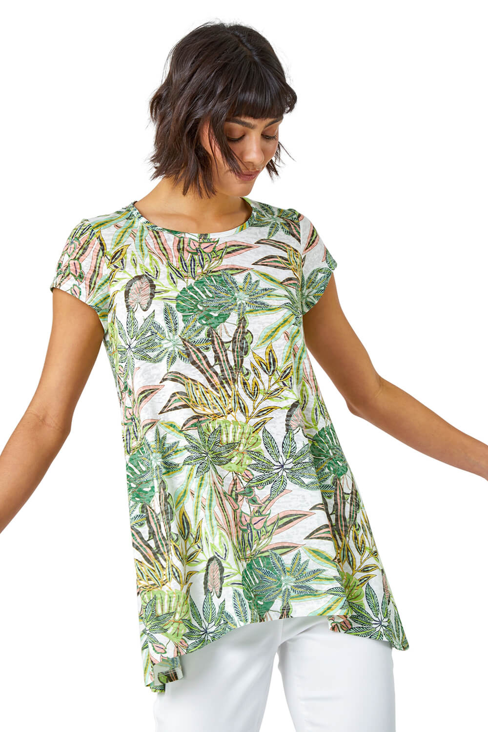 Roman Womens Tropical Print Hanky Hem Tunic Top - Lime Green - Size 20 UK