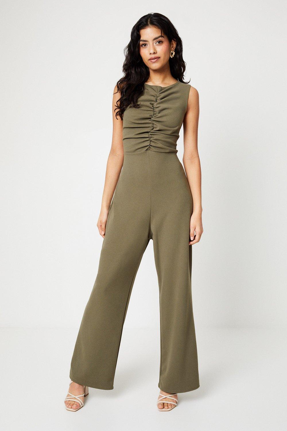 Oasis Womens Petite Scuba Crepe Ruched Front Wide Leg Jumpsuit - Sage Green - Size 16 UK