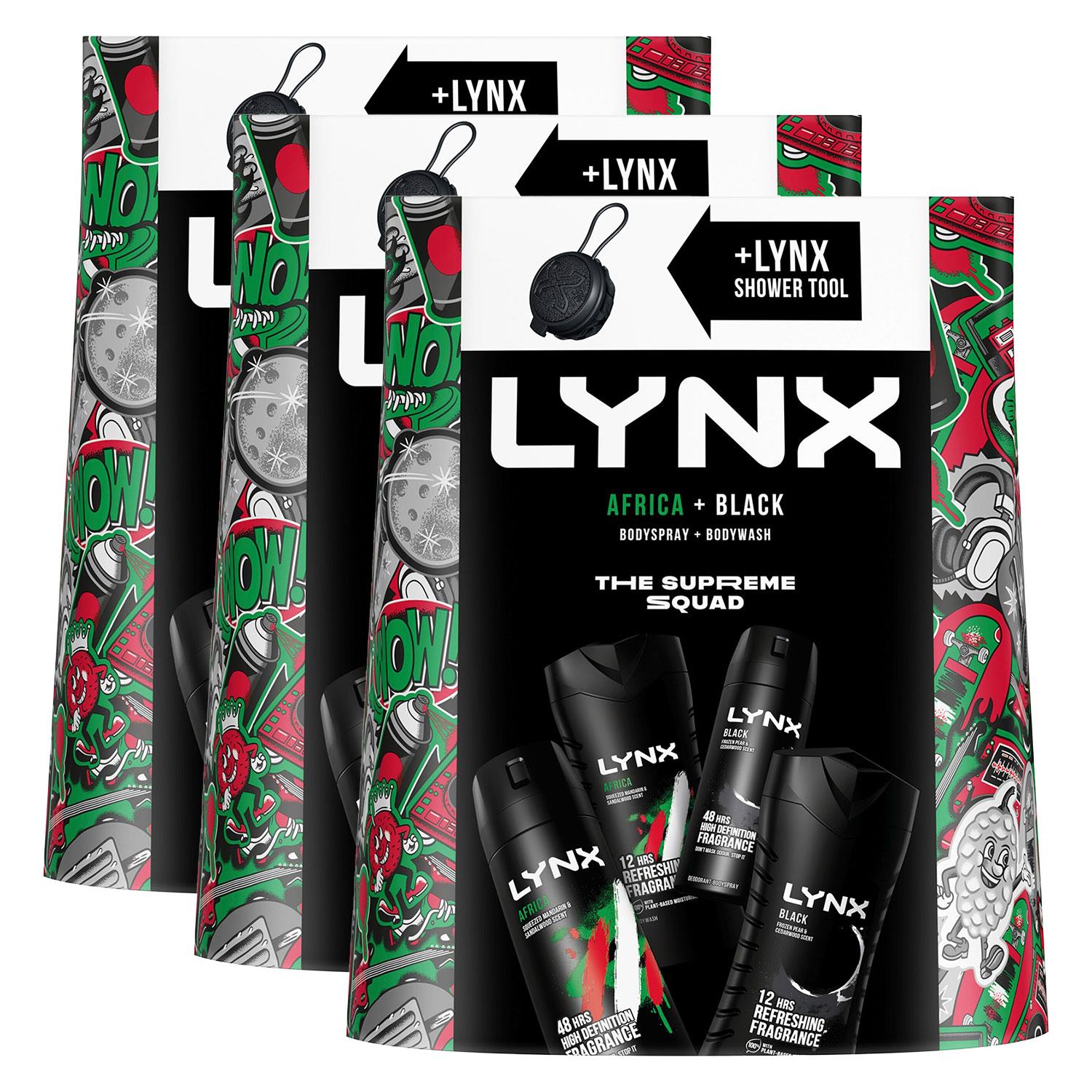 Lynx Mens Africa&Black 4 Pcs Gift Set for Him w/ Shower Tool, 3pk - One Size