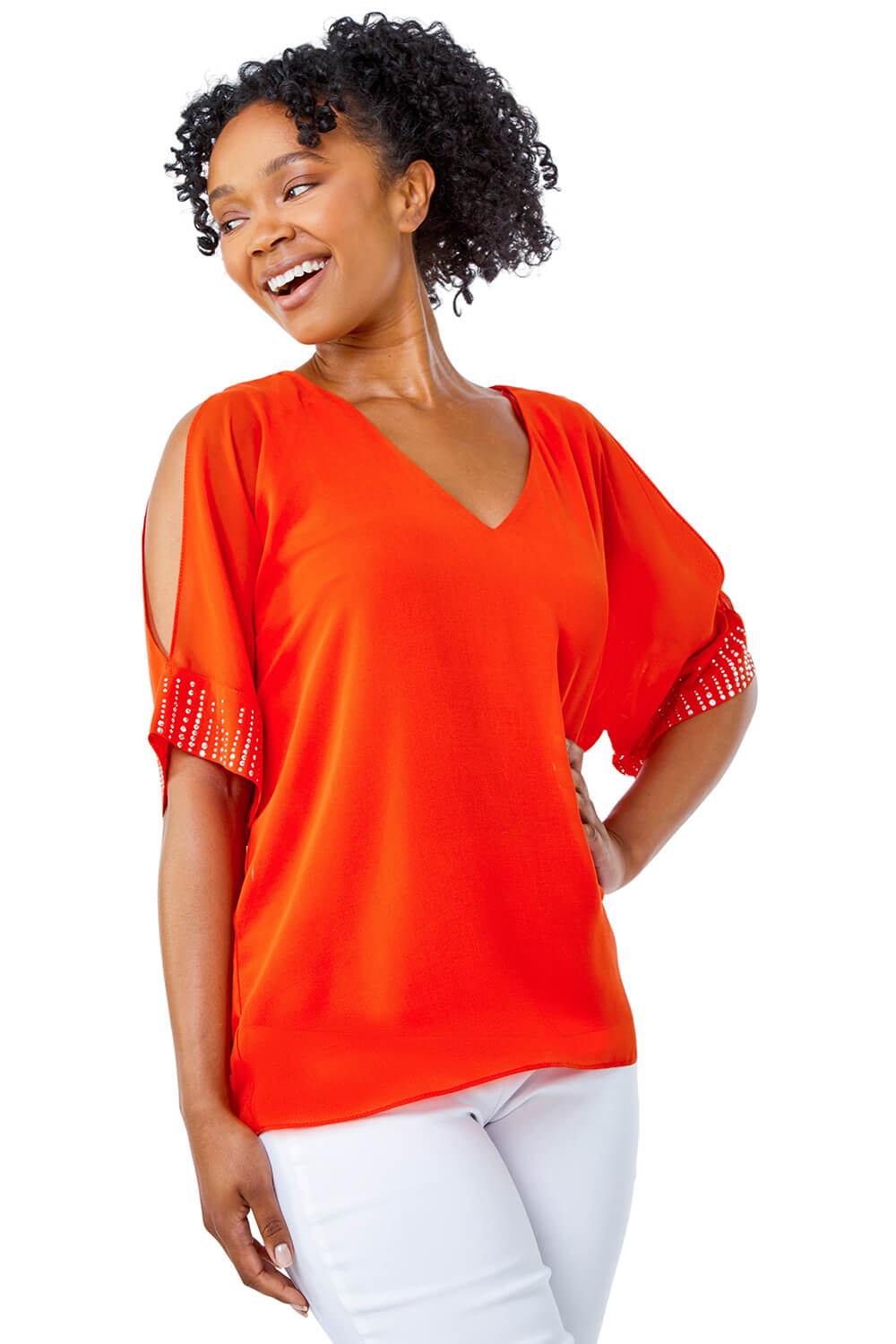 Roman Petite Womens Hotfix Detail Cold Shoulder Top - Orange - Size 8 UK