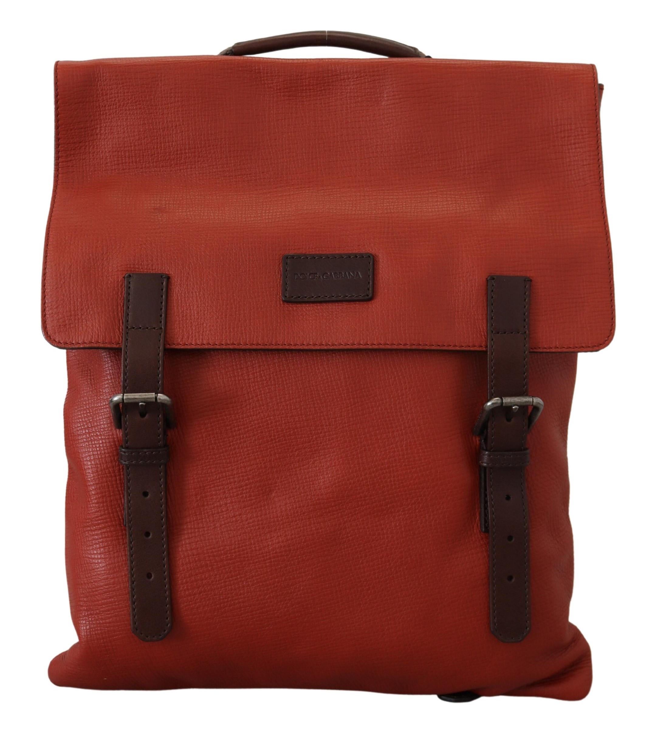 Dolce & Gabbana Mens Orange Leather Logo Plaque Backpack Bag Calf Leather - One Size