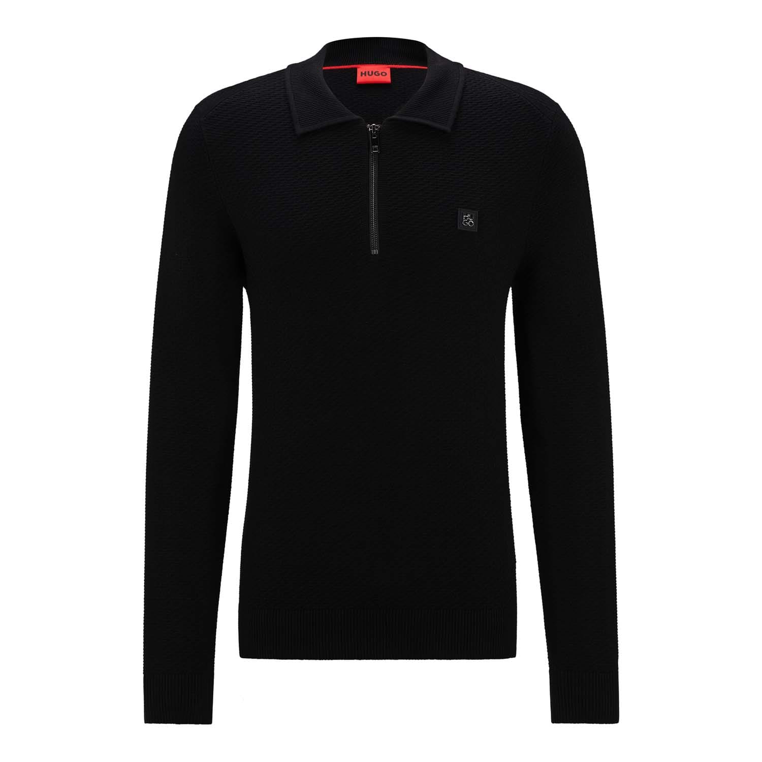 Men's Hugo Sastoon Stacked Logo Zip-Neck Knit Polo Shirt in Black