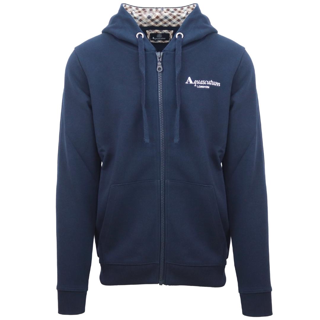 Aquascutum Mens London Embossed Signature Logo Navy Blue Zip-Up Hoodie material_cotton - Size Medium