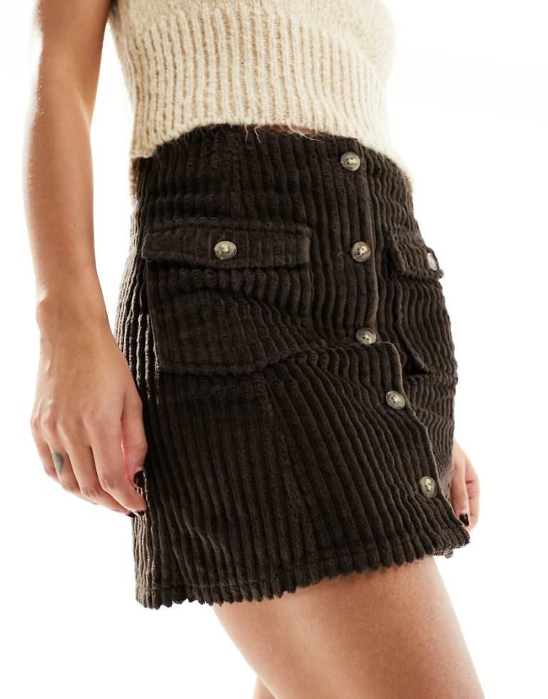 Asos Design Womens Jumbo Cord Button Through Mini Skirt In Brown - Size 8 Uk