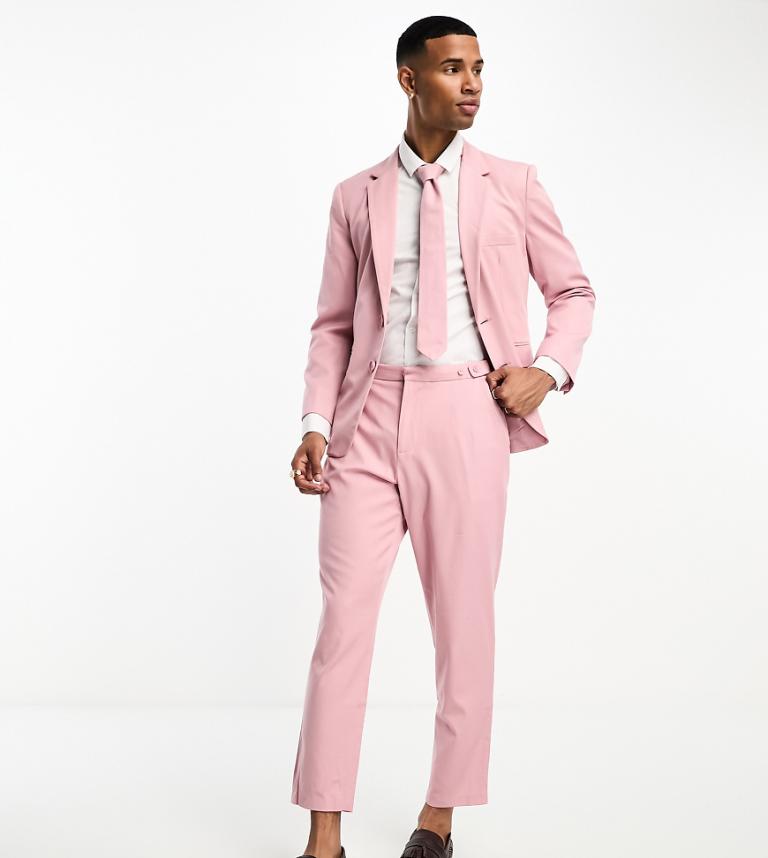 Labelrail Mens x Stan & Tom fitted tapered suit trousers co-ord in salmon pink - Size 30W/30L