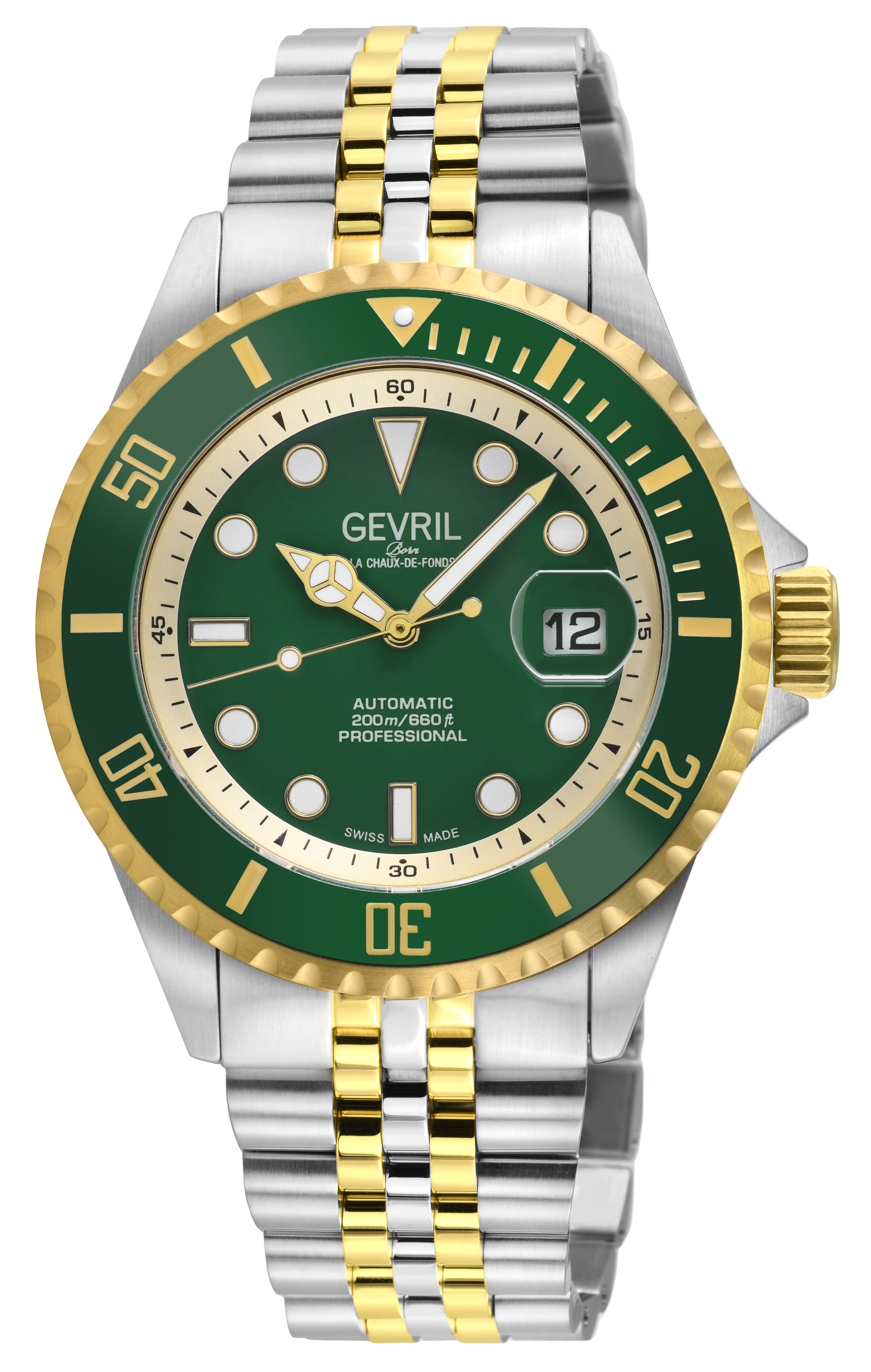 Gevril Mens Wall Street Swiss Automatic Sellita SW200 Green Enamel Dial, SS/IPYG Statin and Polished Bracelet - Silver & Gold - One Size