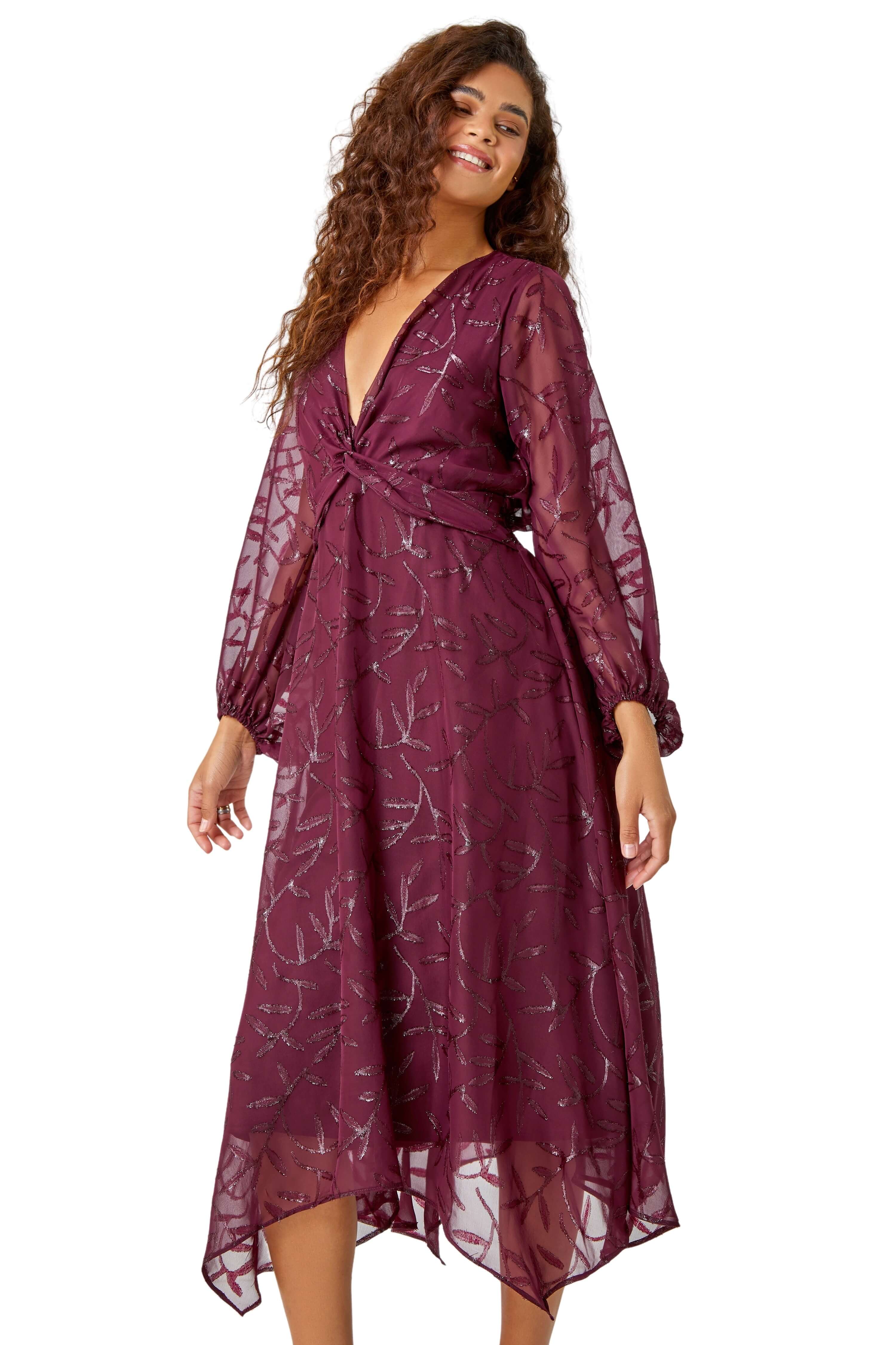 Roman Womens Textured Floral Twist Front Midi Dress - Wine - Size 14 Uk