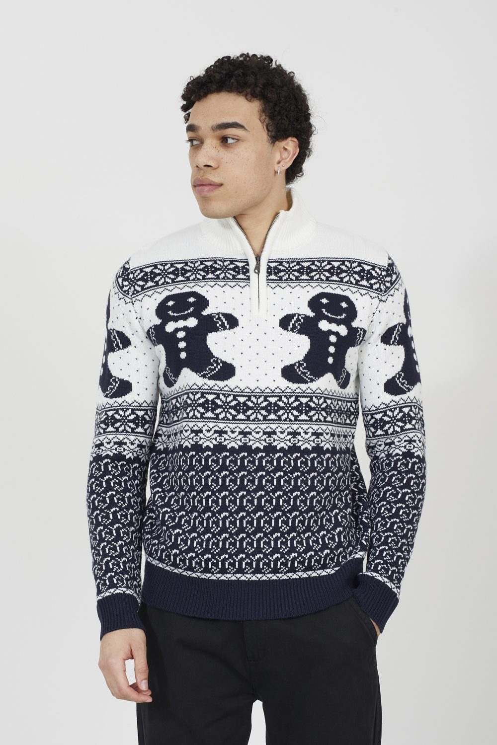 Brave Soul Mens Navy Quarter Zip Knitted Jumper With Fairisle Pattern - Size Large