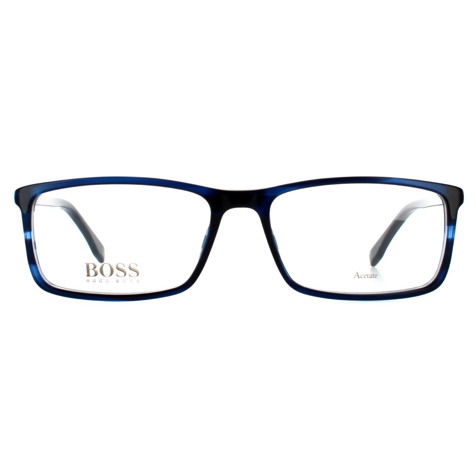 Hugo Boss Rectangular Mens Blue Horn Glasses Frames - One Size