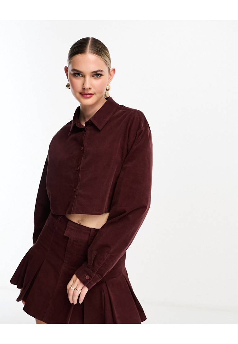 ASOS DESIGN Womens cord cropped shirt in burgundy co-ord-Purple - Size 8 UK