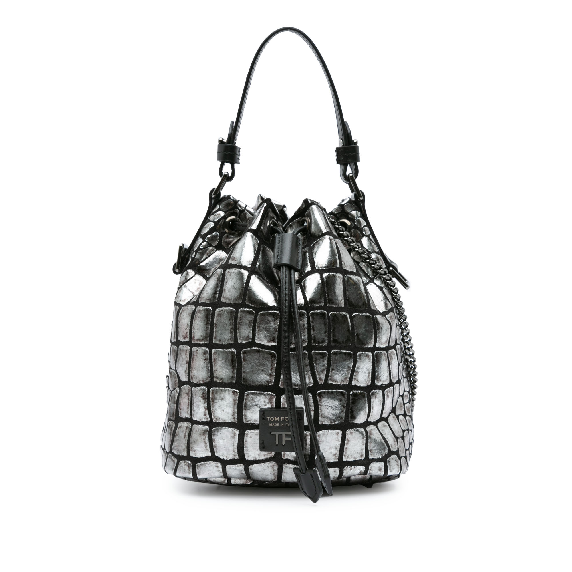 Tom Ford Pre-owned Womens Vintage Tom Metallic Croc Embossed Leather Drawstring Bucket Bag Silver Goatskin - One Size