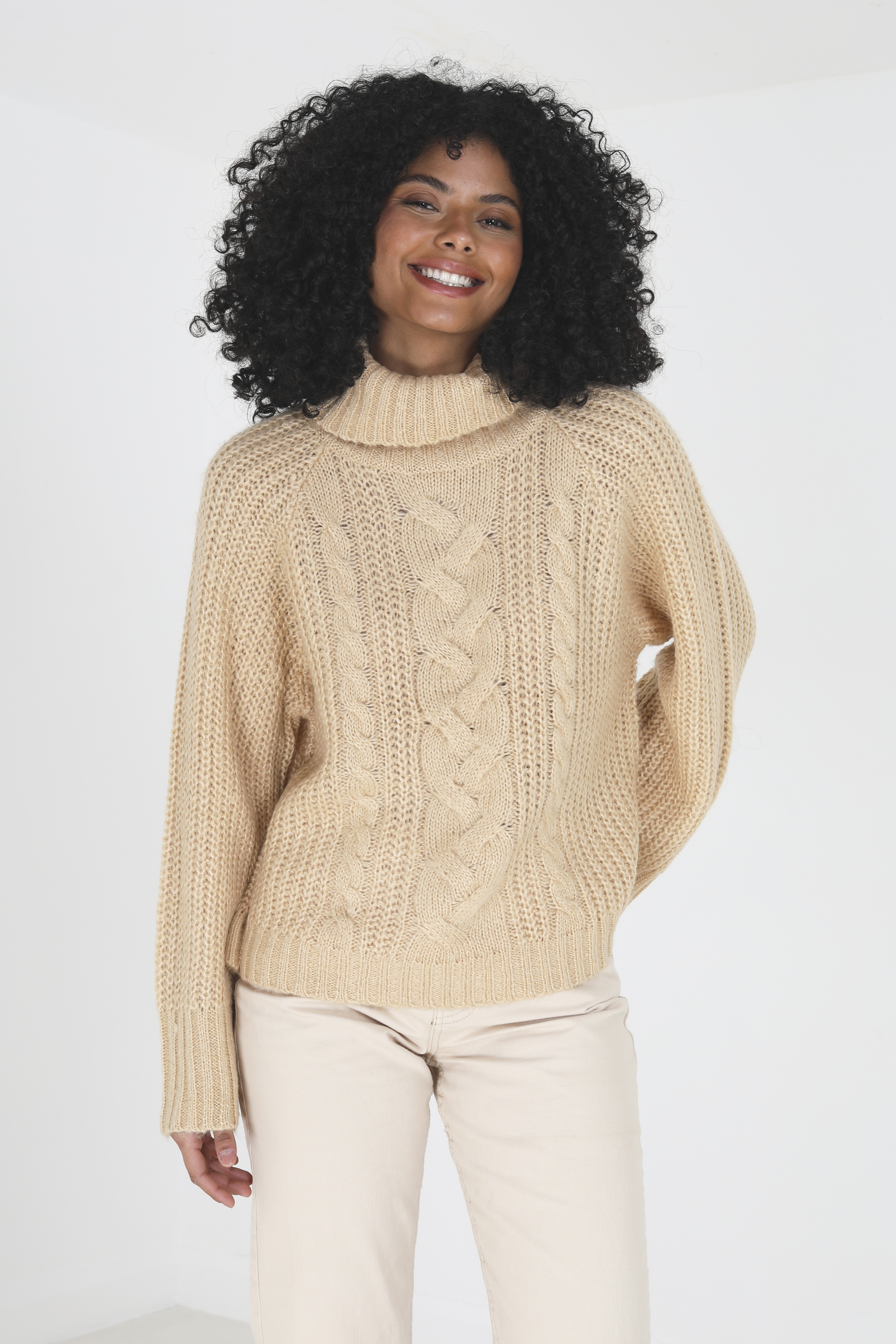 Brave Soul Womens Beige 'Forest' Roll Neck Cable Knit Jumper - Size Large