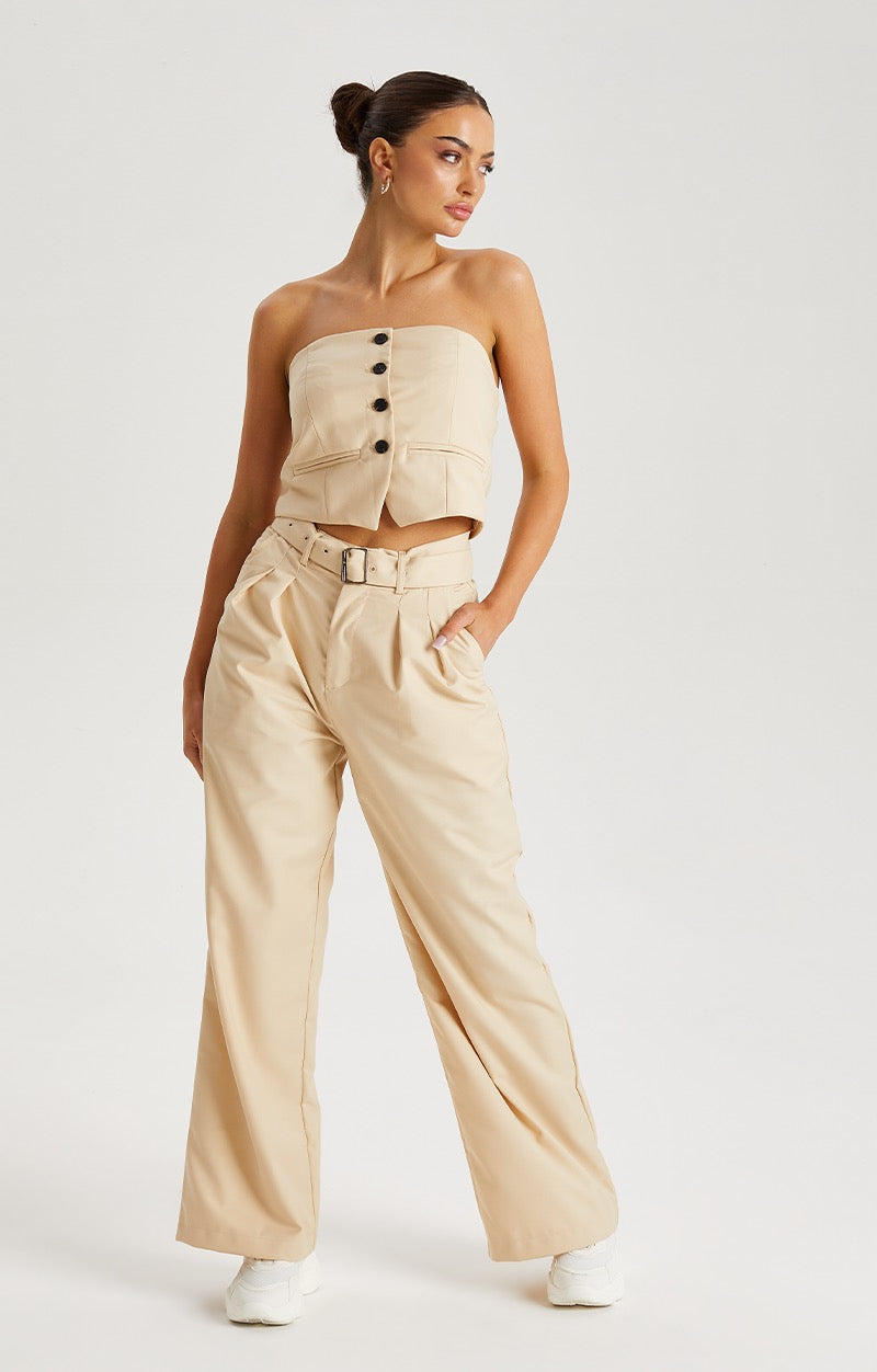 Urban Bliss Womens Stone Belted Wide Leg Tailored Trouser - Size Medium