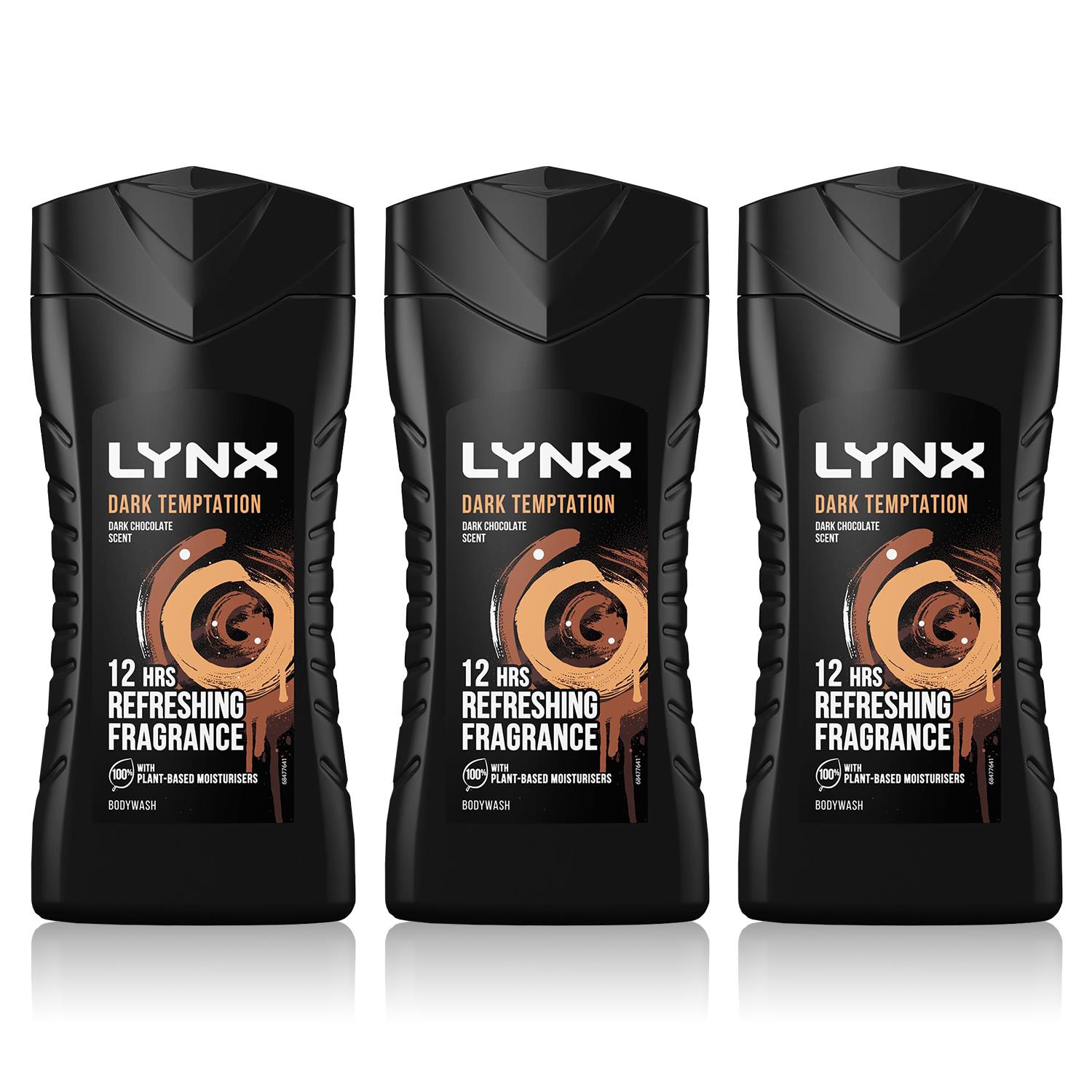 Lynx Mens Dark Temptation 12-H Refreshing Fragrance Shower Gel Body Wash, 3x225ml - Black - One Size