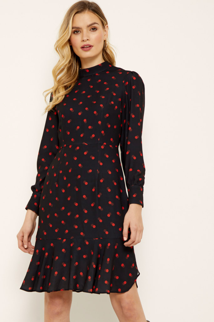 Sosandar Womens Black & Red Spot Print Fit & Flare Dress - Size 12 UK