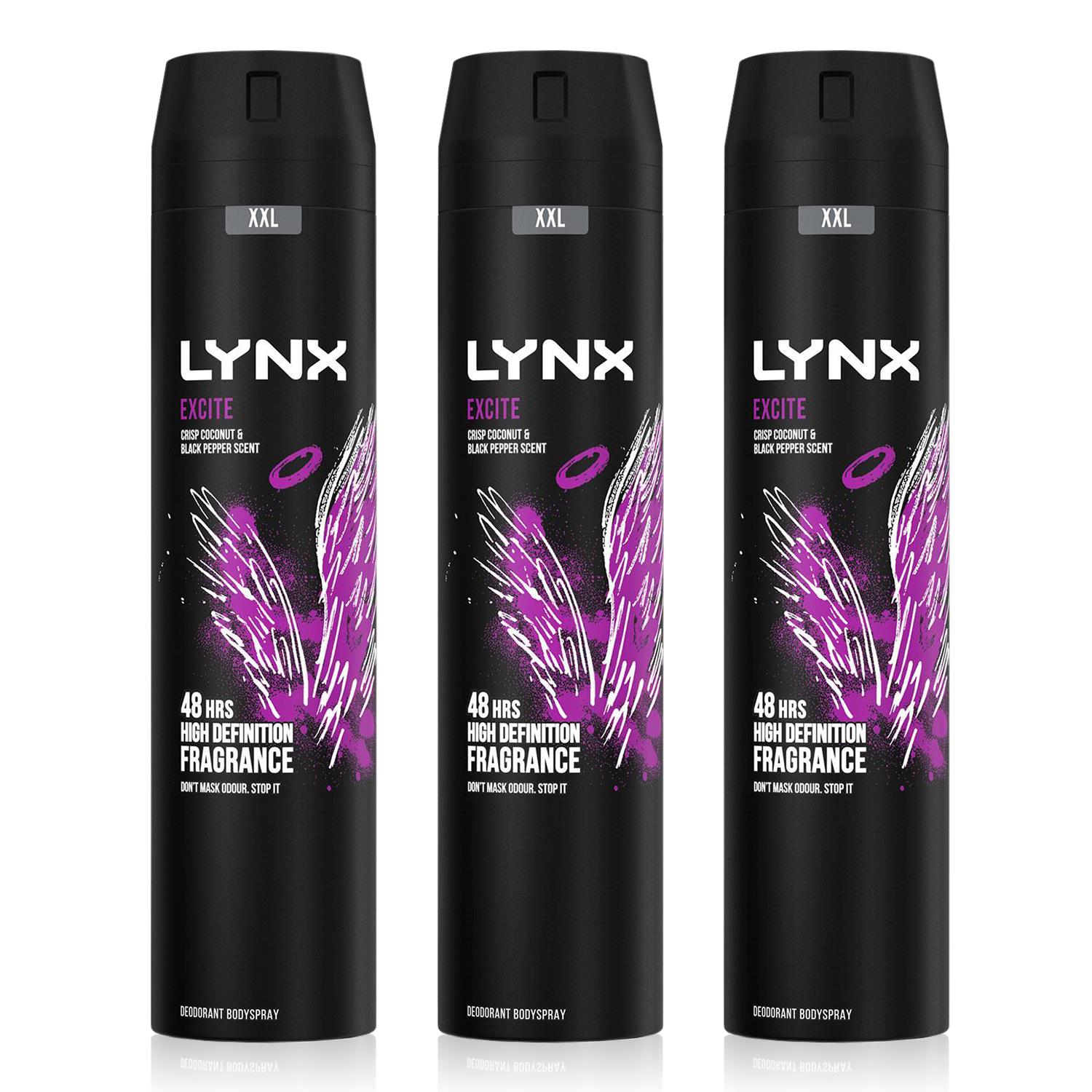 Lynx Mens XXL Excite 48-Hour High Definition Fragrance Body Spray Deodorant, 3x250ml - NA - One Size