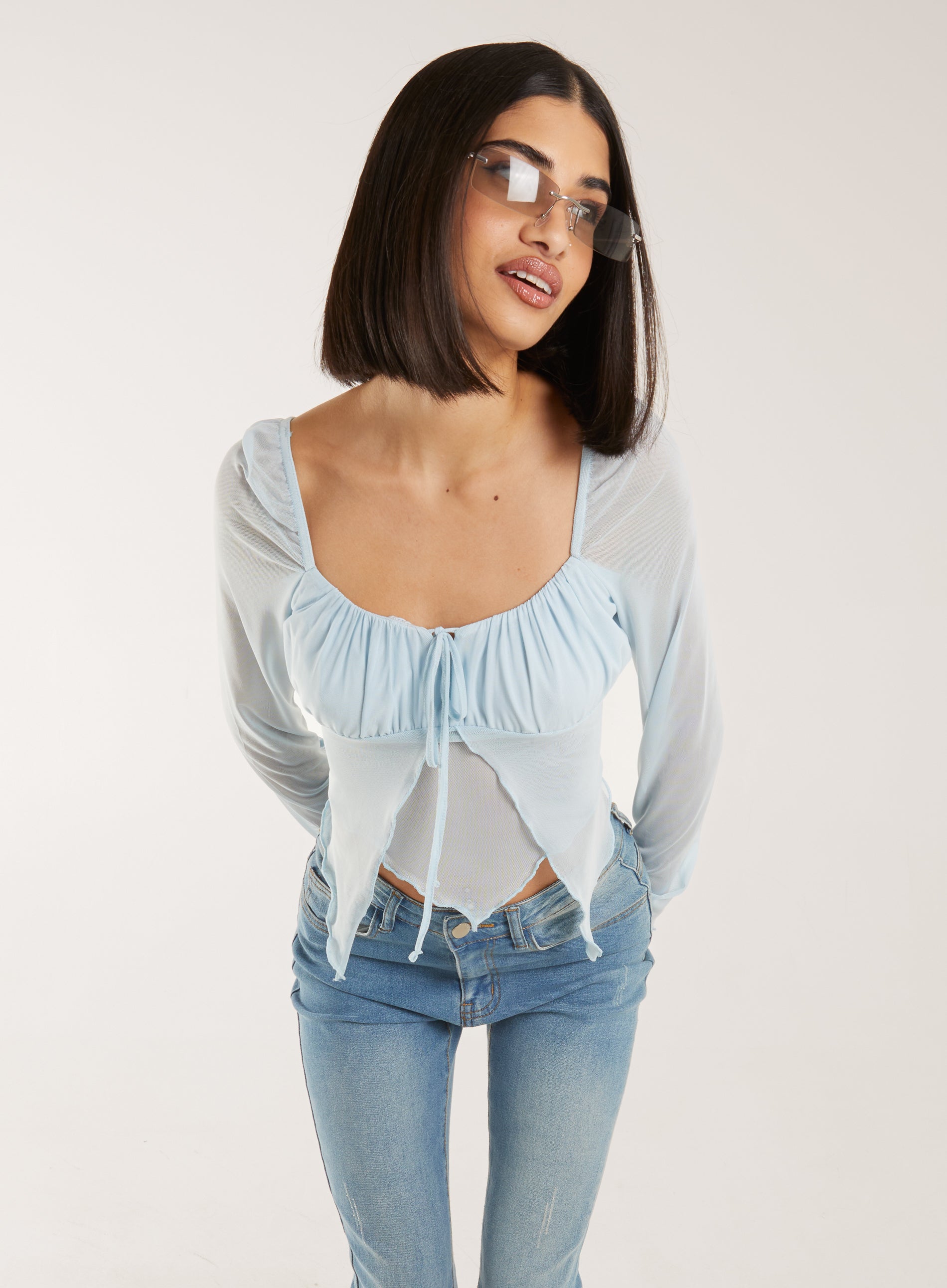 Pink Vanilla Womens Butterfly Long Sleeve Mesh Top - Blue - Size Medium - Secret Sales