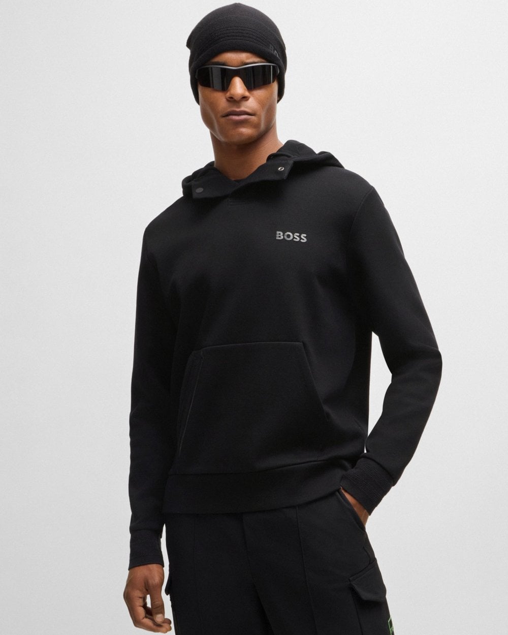 BOSS Green Soody Mirror Mens Cotton Blend Hoodie with Mirror-Effect Logo - Black - Size Medium