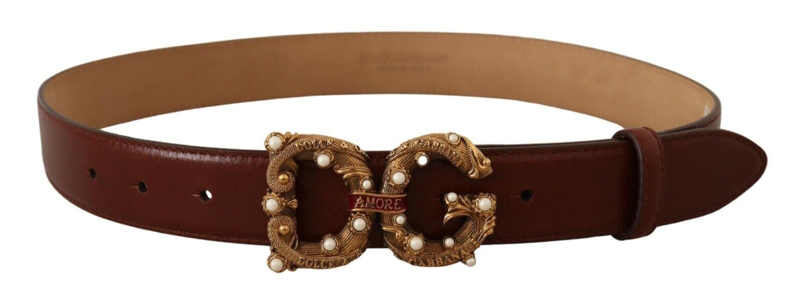 Dolce & Gabbana Womens Vintage-Brass Logo Buckle Leather Belt with Enameled Scroll and Artificial Pearls - Brown - Size 75 cm