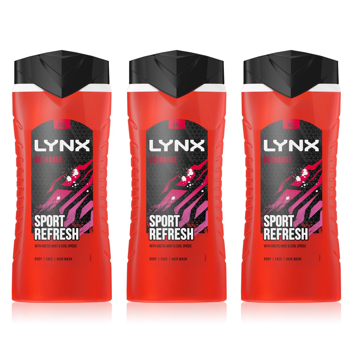 Lynx Mens Recharge 12H Refreshing Fragrance Shower Gel Bodywash, 3x 500ml - NA - One Size