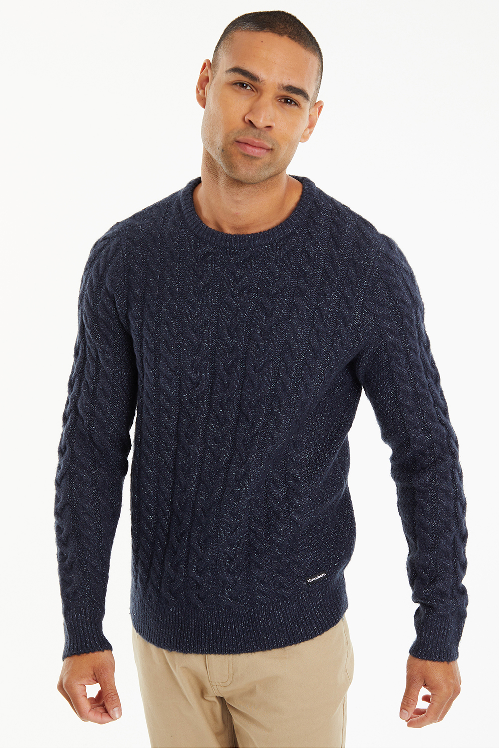 Threadbare Mens Navy 'Darley' Cable Knit Crew Neck Jumper Acrylic/Polyester - Size Medium