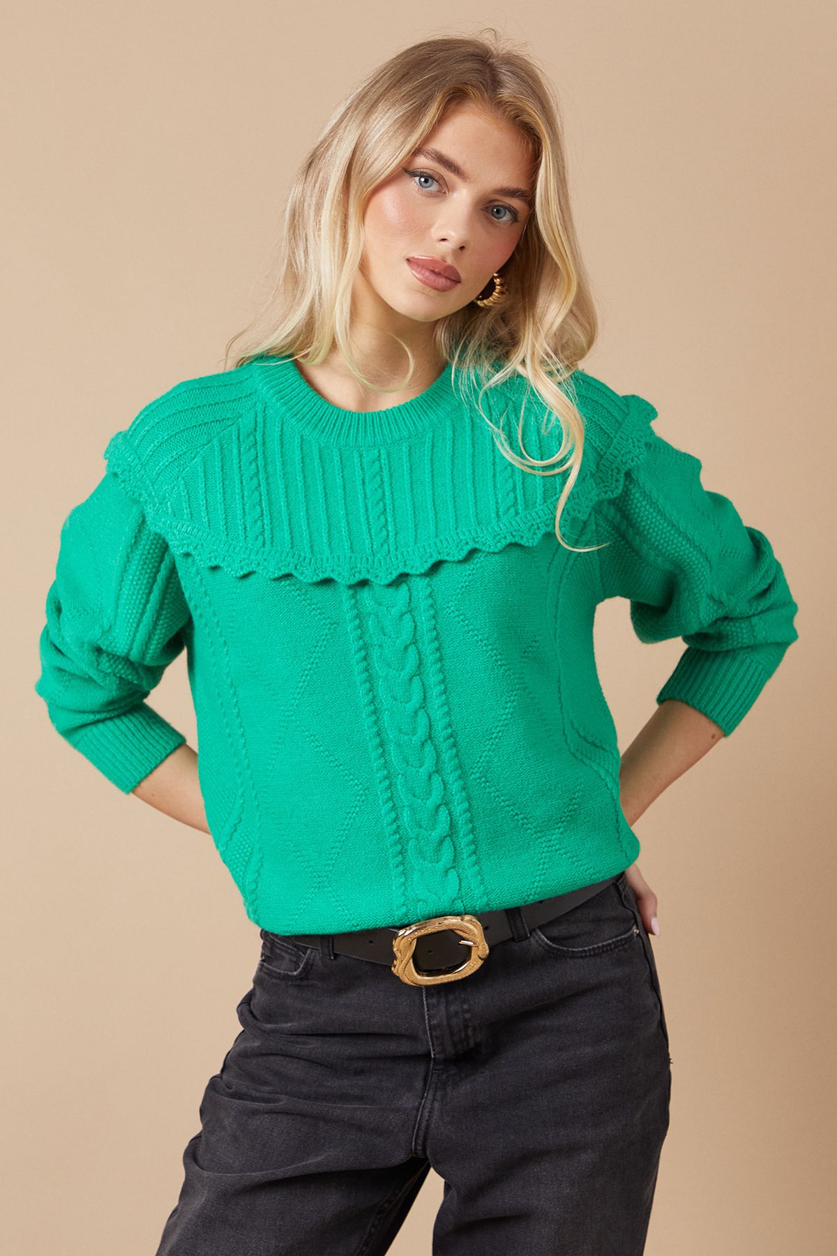 Oasis Womens Cable Knit Crochet Trim Detail Jumper - Green Viscose - Size Large