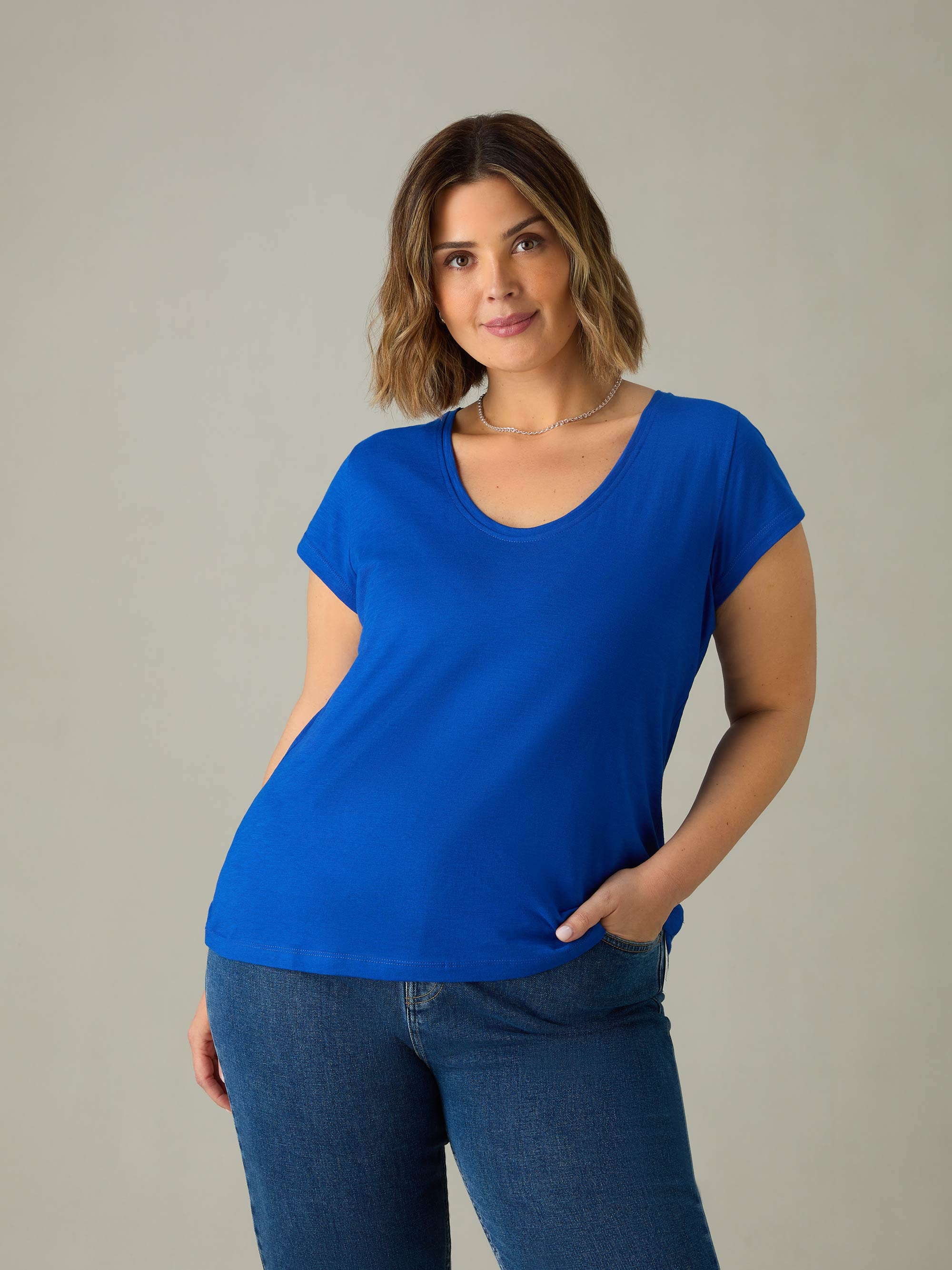 Live Unlimited Womens Bright Blue Cotton Slub Scoop Neck T-Shirt - Size 20 UK