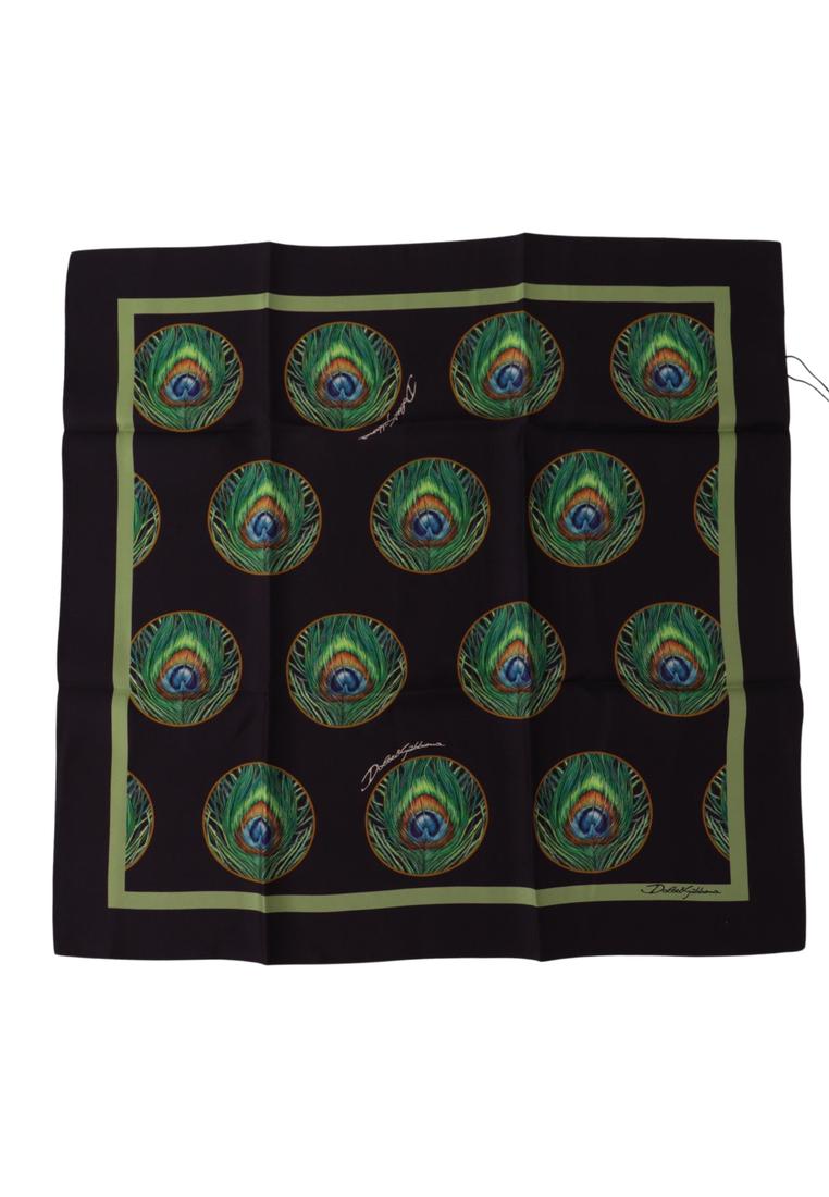 Dolce & Gabbana Mens Black Peacock Feather DG Printed Square Handkerchief Scarf Silk - One Size