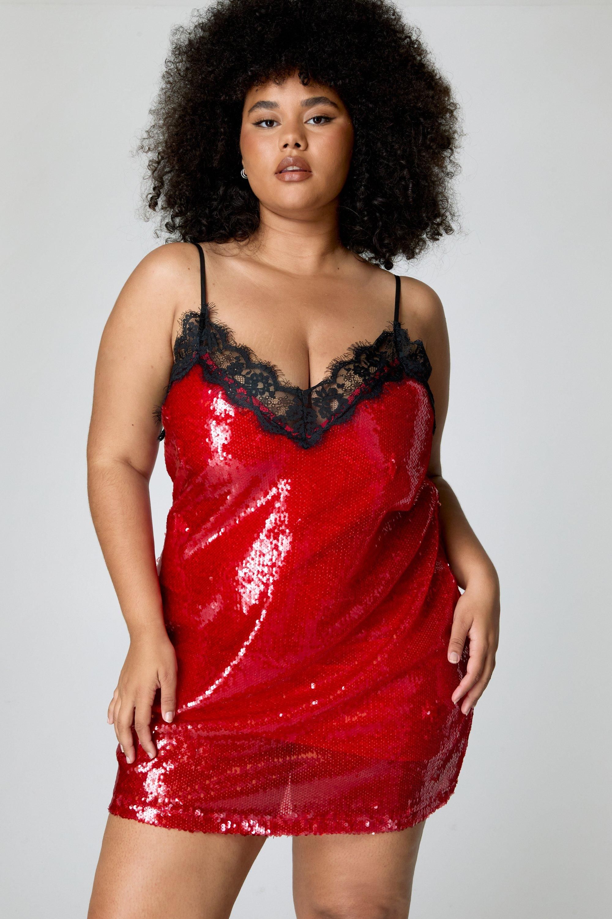 Nastygal Womens Plus Sequin Lace Trim Mini Slip Dress - Red - Size 18 Uk