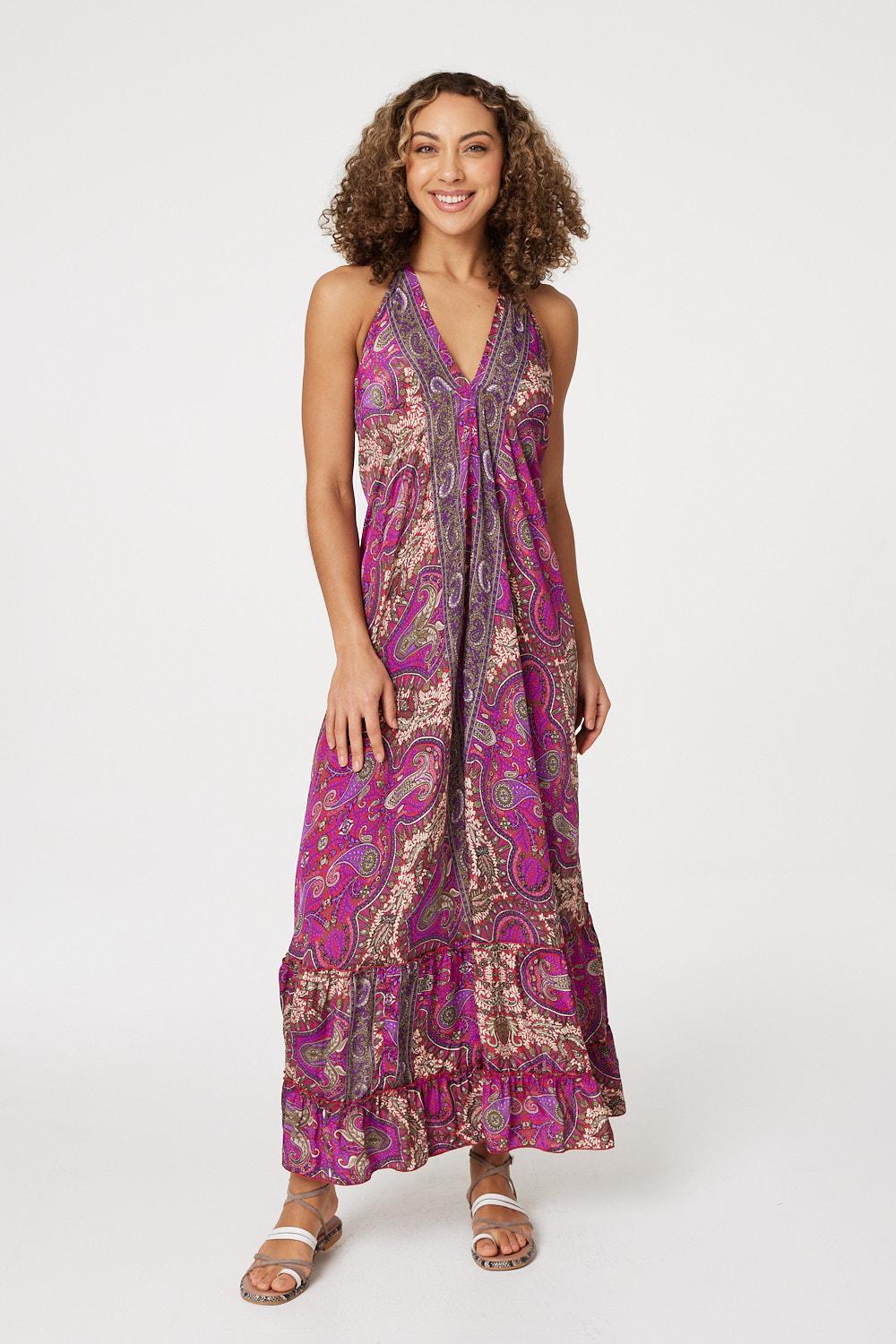 Izabel London Womens Multi Pink Paisley Halter Neck Maxi Dress Satin - Size 8 UK