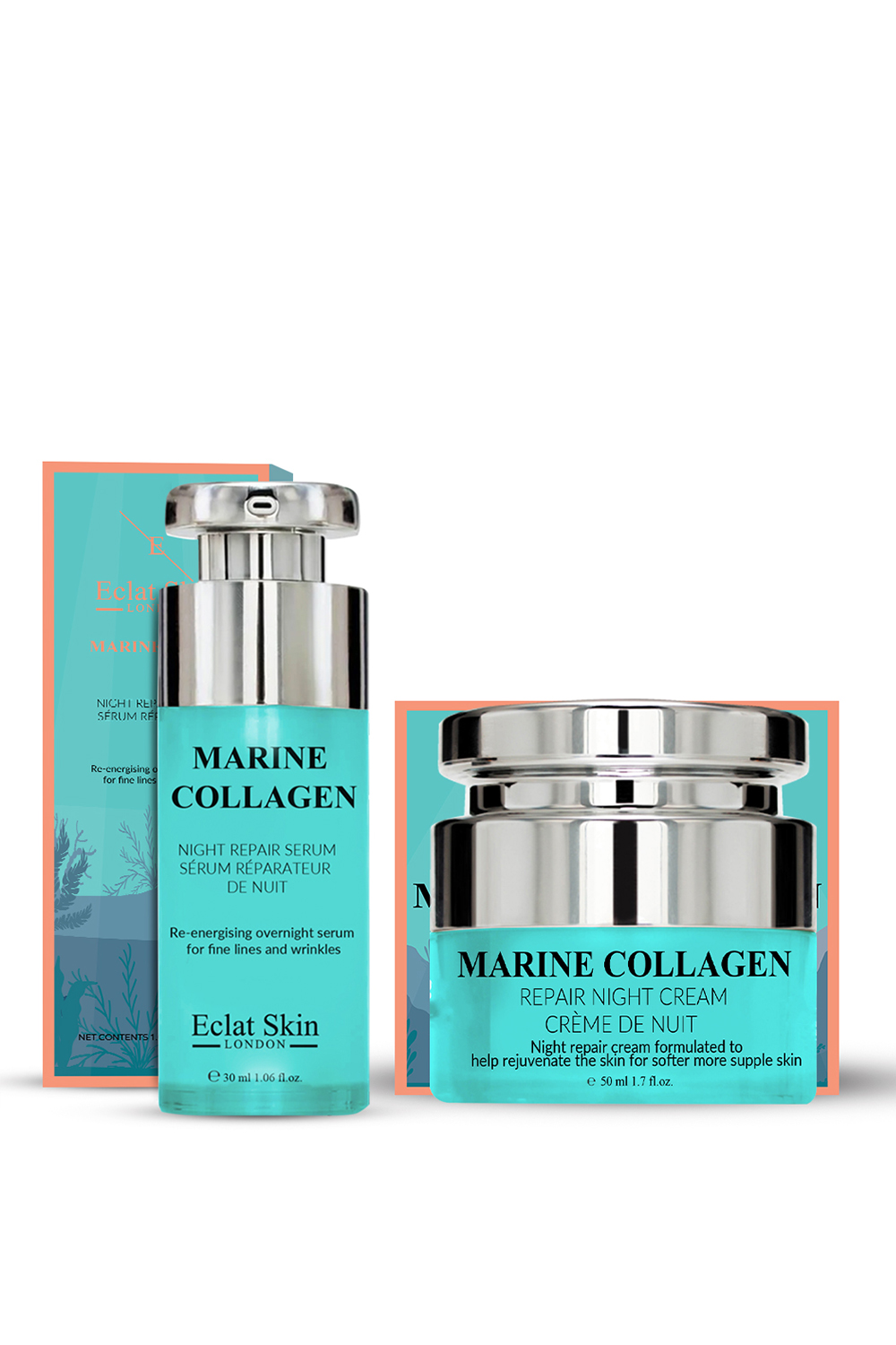 Eclat Skin London Unisex Marine Collagen Night Cream 50ml + Repair Serum 30ml - One Size